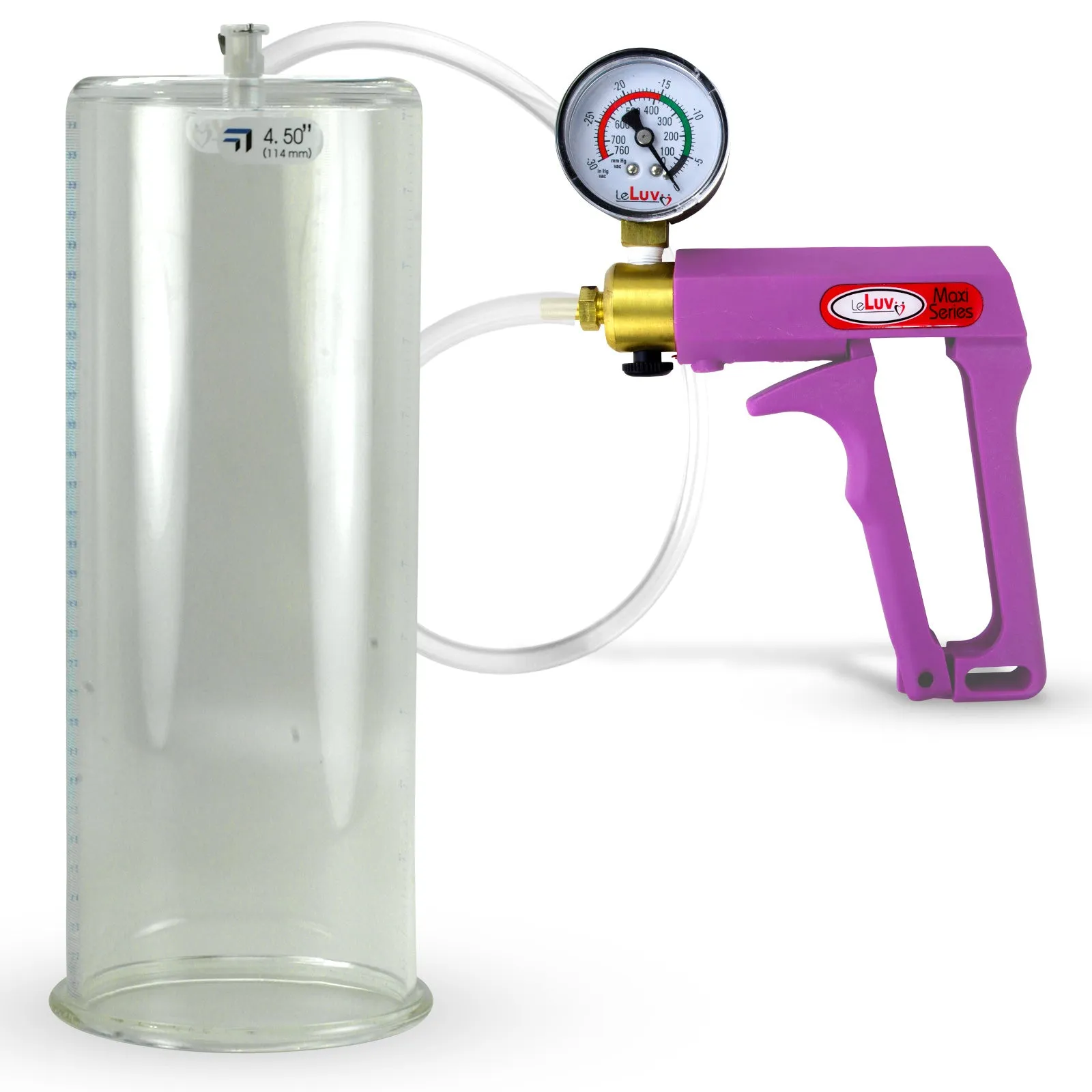 LeLuv Maxi Purple Penis Pump Clear Hose | Gauge/Protected Gauge | Round Flange Cylinder