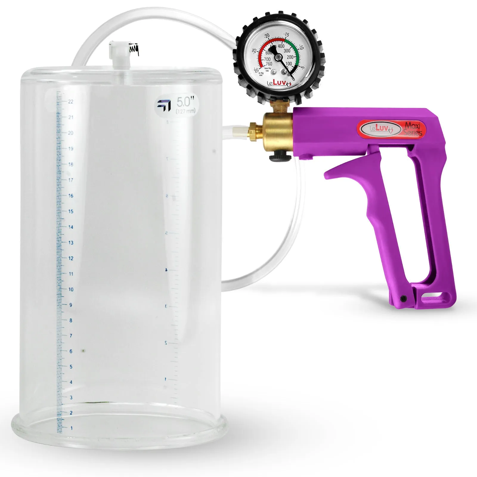 LeLuv Maxi Purple Penis Pump Clear Hose | Gauge/Protected Gauge | Round Flange Cylinder