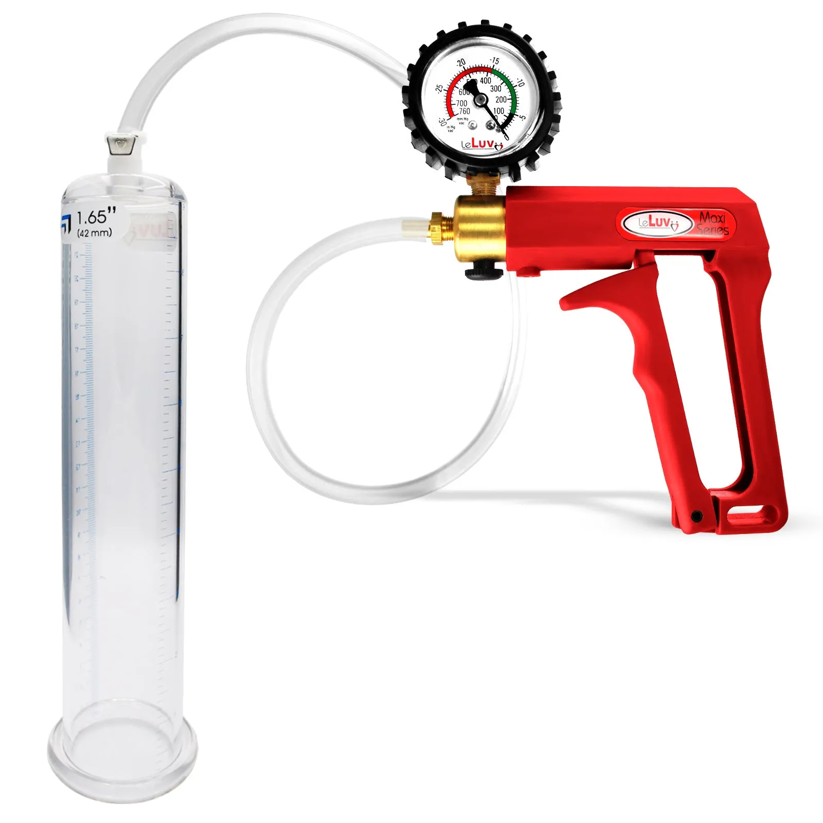 LeLuv Maxi Red Penis Pump Clear Hose | Gauge/Protected Gauge | Round Flange Cylinder