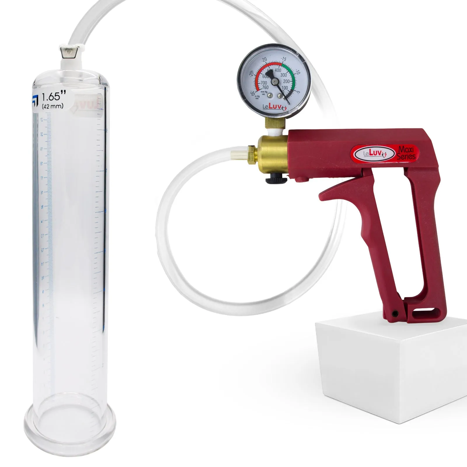 LeLuv Maxi Red Penis Pump Clear Hose | Gauge/Protected Gauge | Round Flange Cylinder