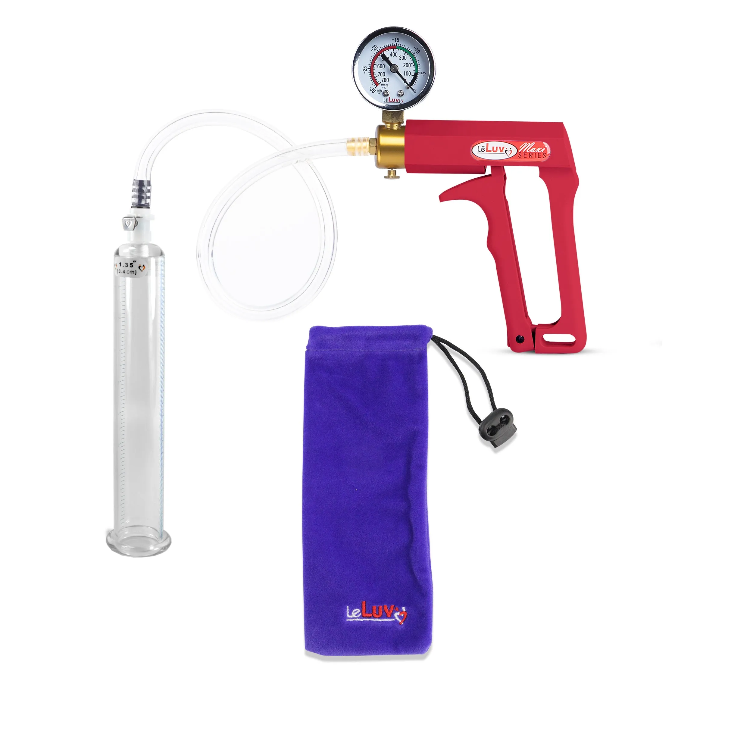 LeLuv Maxi Red Penis Pump Clear Hose | Gauge/Protected Gauge | Round Flange Cylinder