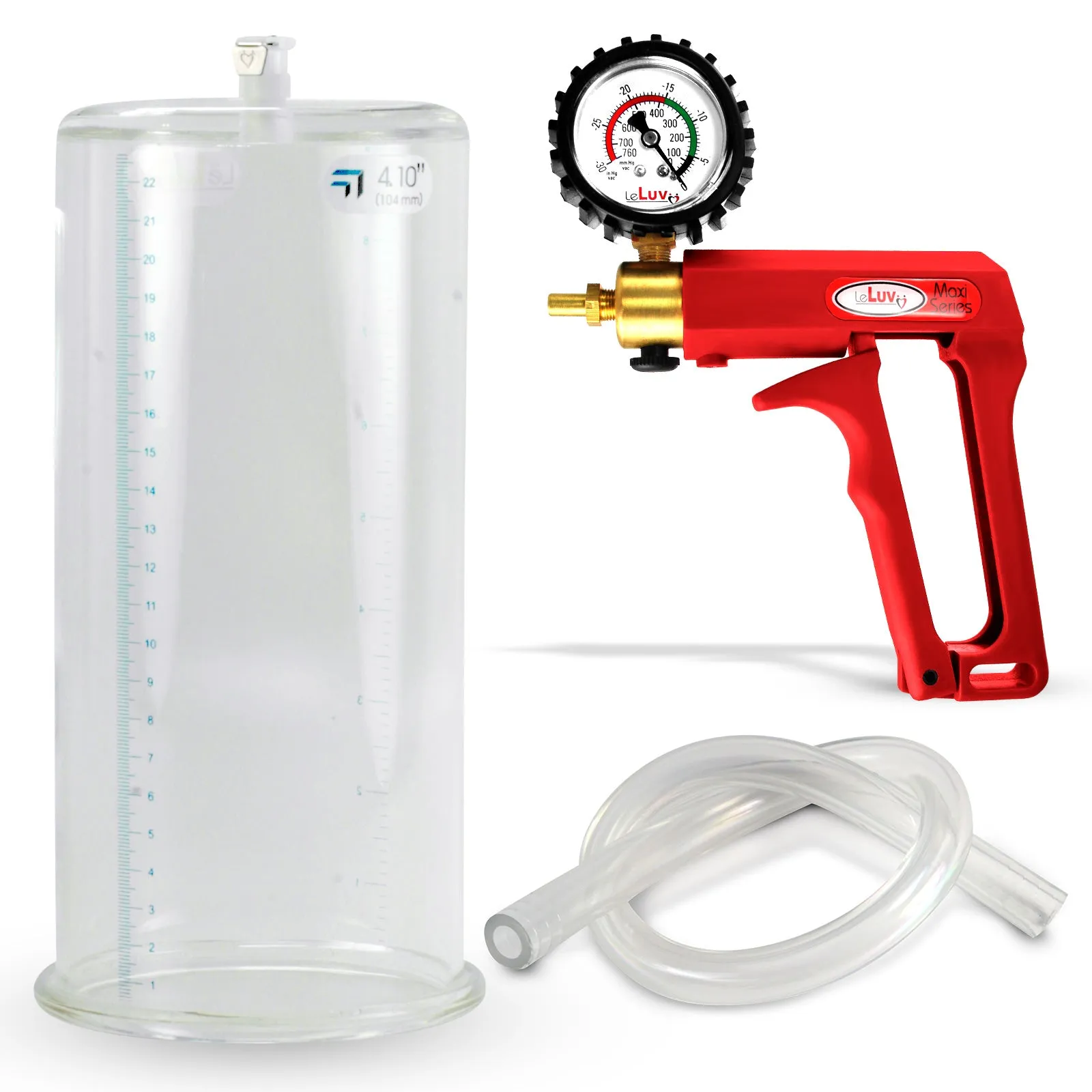 LeLuv Maxi Red Penis Pump Clear Hose | Gauge/Protected Gauge | Round Flange Cylinder