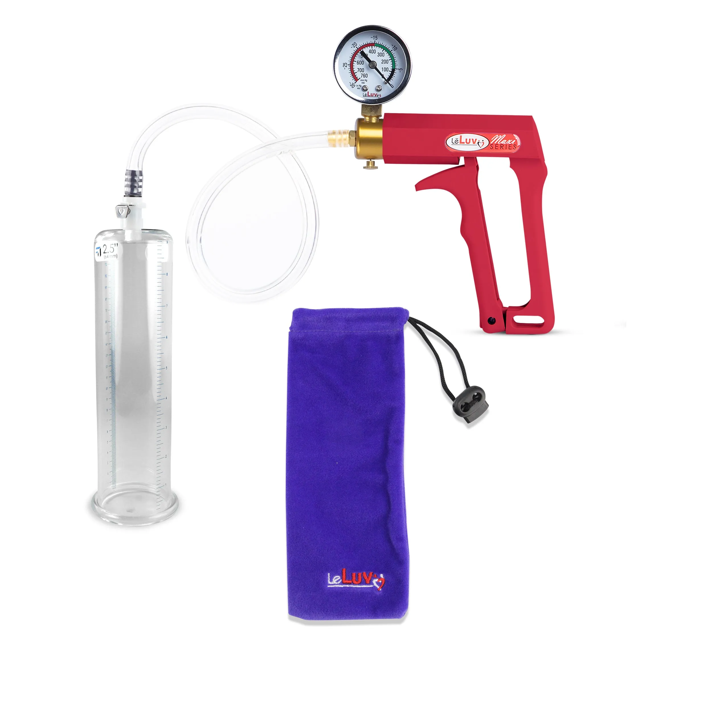 LeLuv Maxi Red Penis Pump Clear Hose | Gauge/Protected Gauge | Round Flange Cylinder
