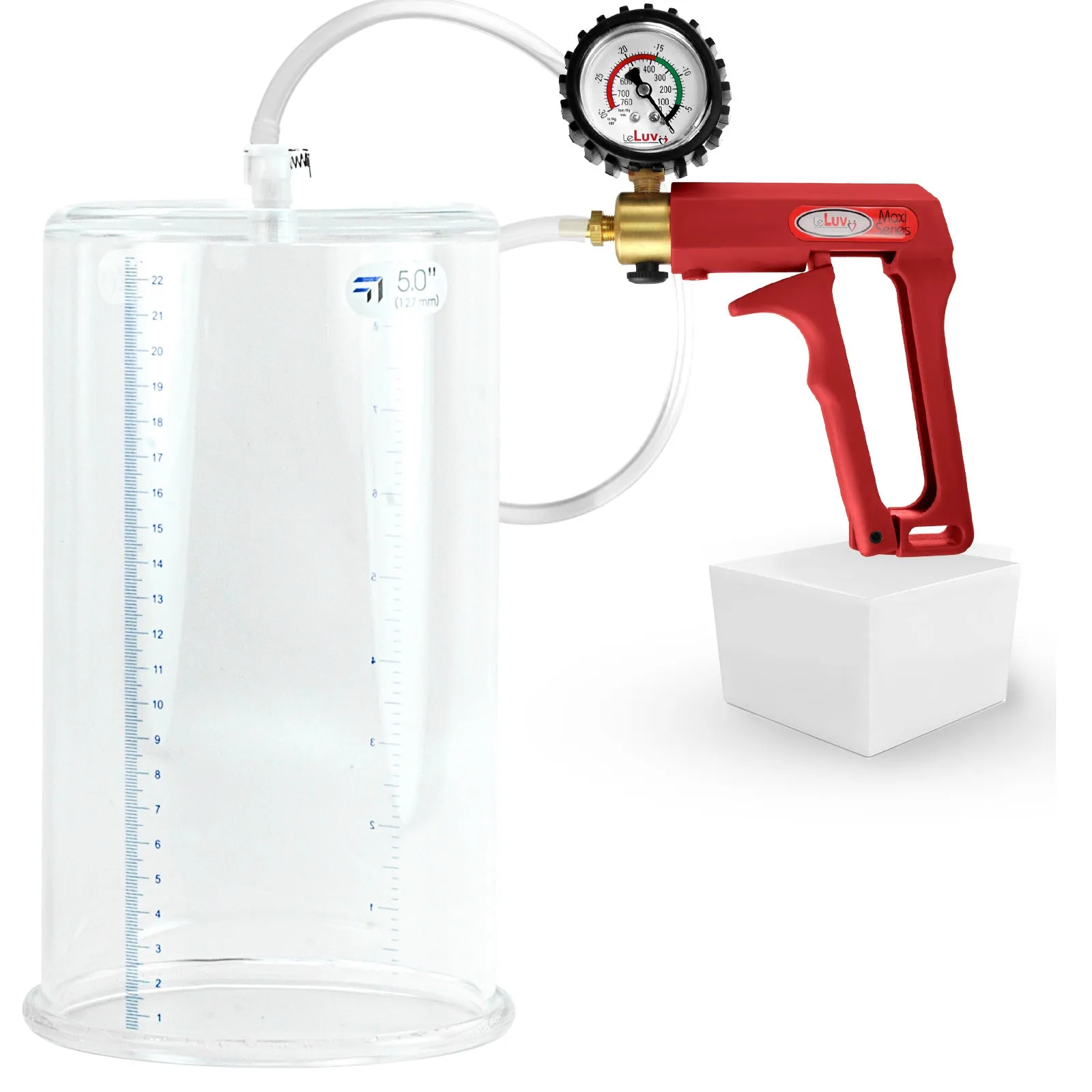 LeLuv Maxi Red Penis Pump Clear Hose | Gauge/Protected Gauge | Round Flange Cylinder