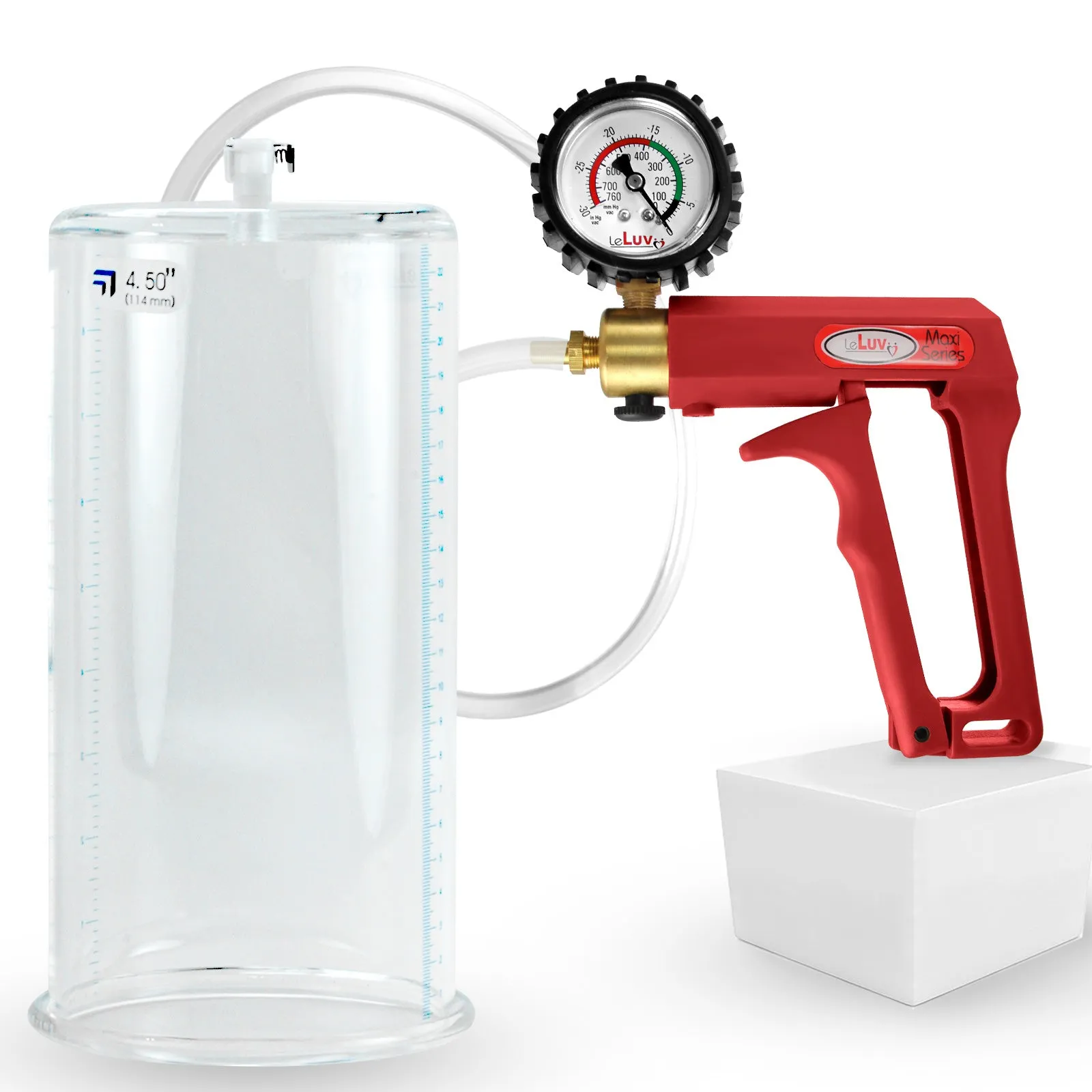 LeLuv Maxi Red Penis Pump Clear Hose | Gauge/Protected Gauge | Round Flange Cylinder