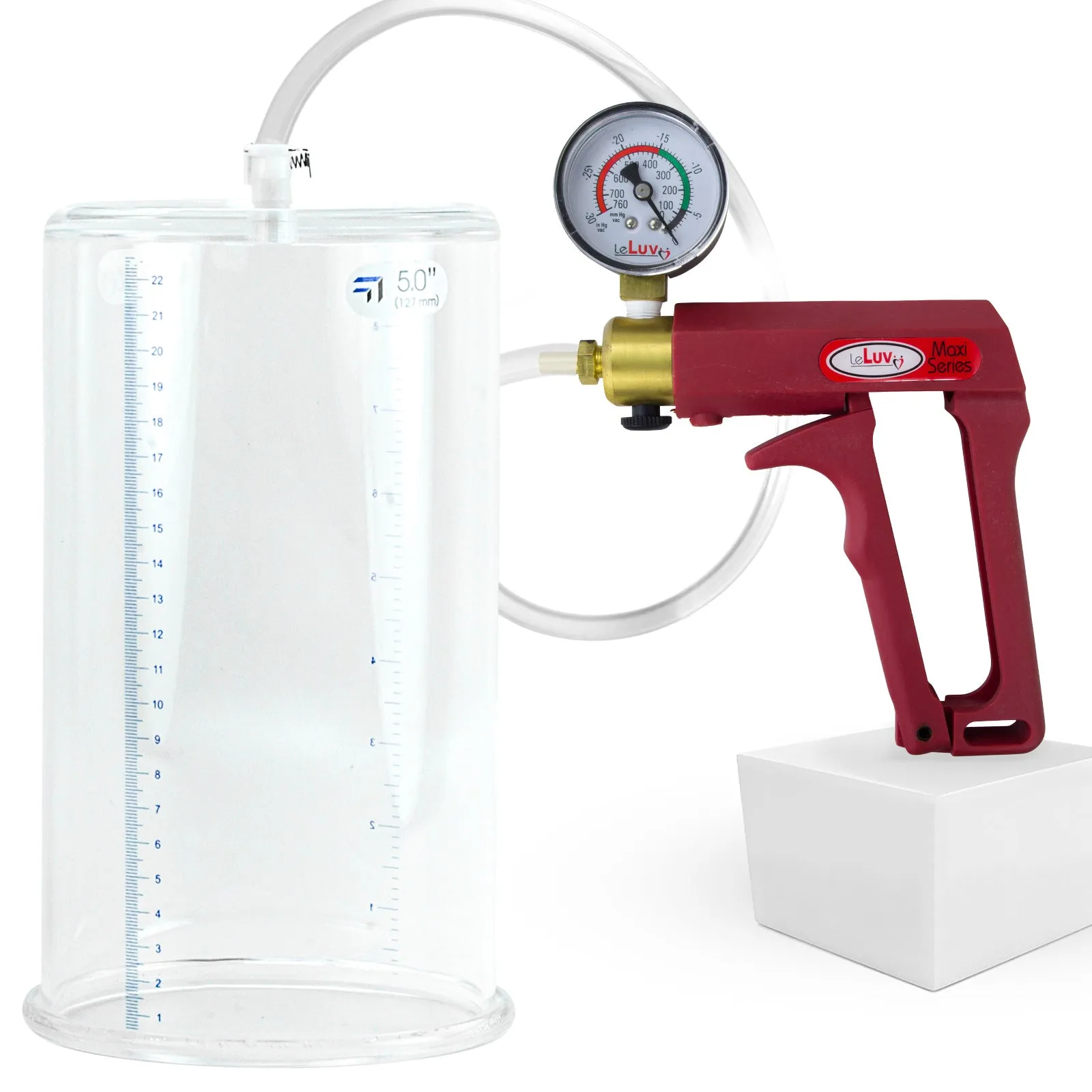 LeLuv Maxi Red Penis Pump Clear Hose | Gauge/Protected Gauge | Round Flange Cylinder