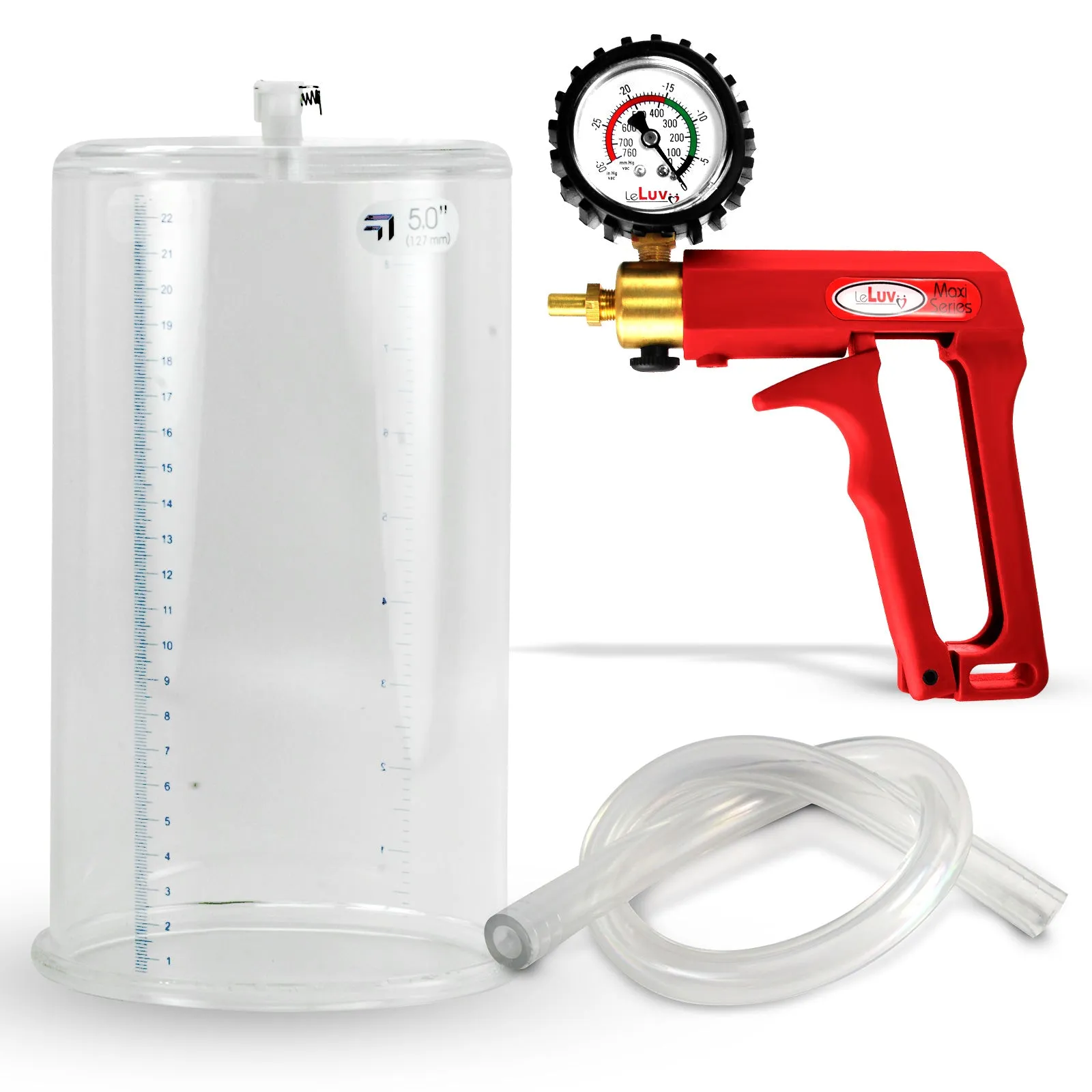 LeLuv Maxi Red Penis Pump Clear Hose | Gauge/Protected Gauge | Round Flange Cylinder