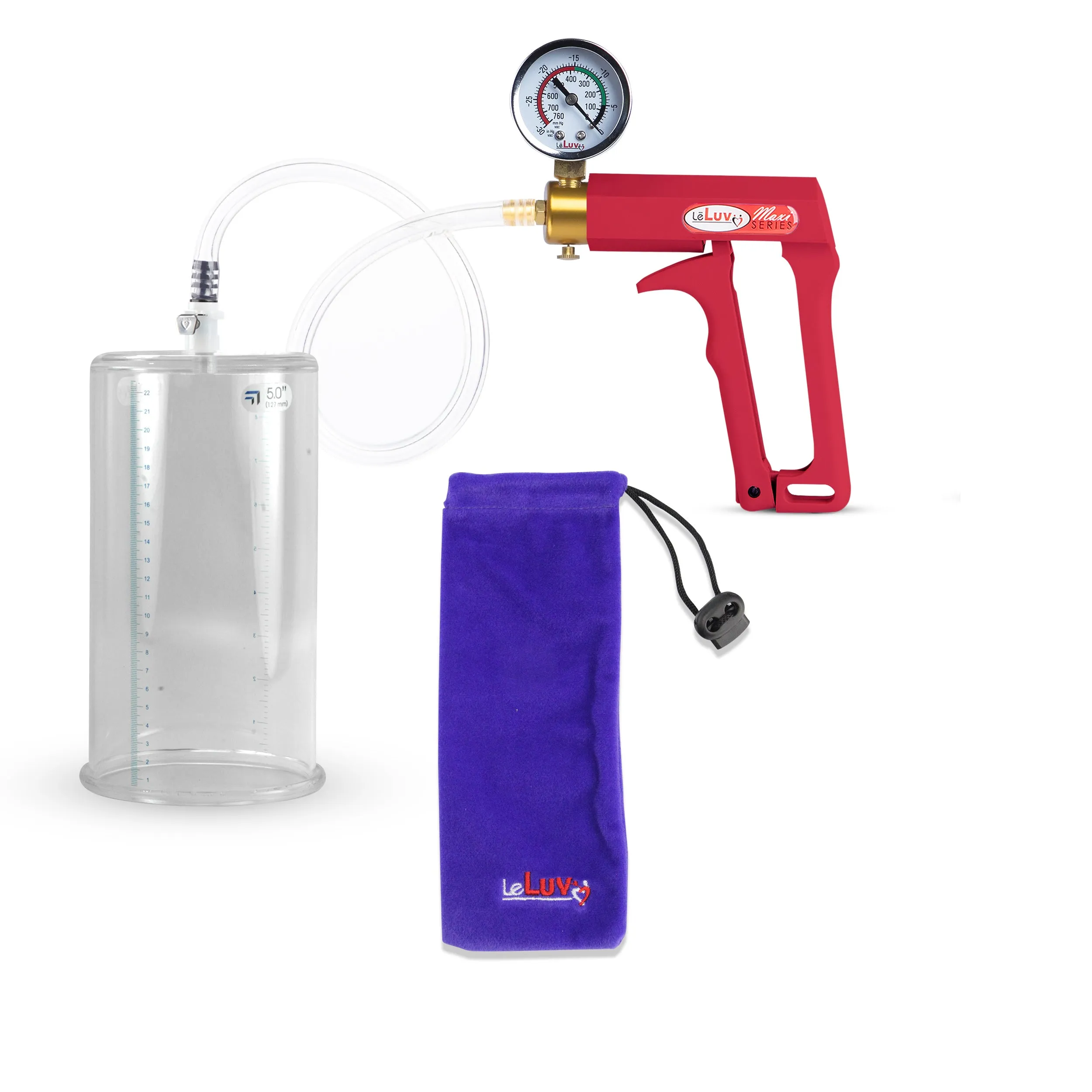 LeLuv Maxi Red Penis Pump Clear Hose | Gauge/Protected Gauge | Round Flange Cylinder
