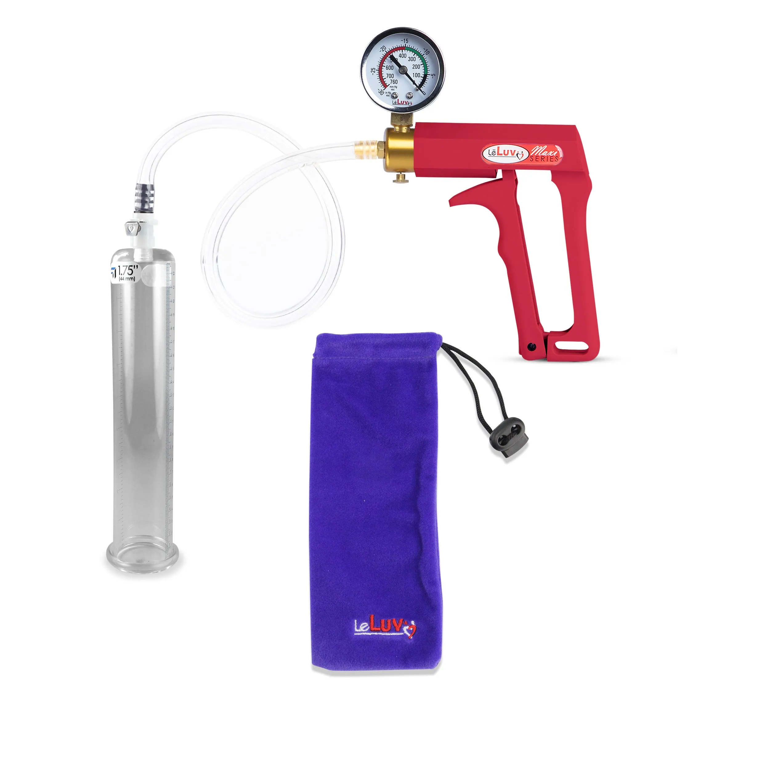 LeLuv Maxi Red Penis Pump Clear Hose | Gauge/Protected Gauge | Round Flange Cylinder