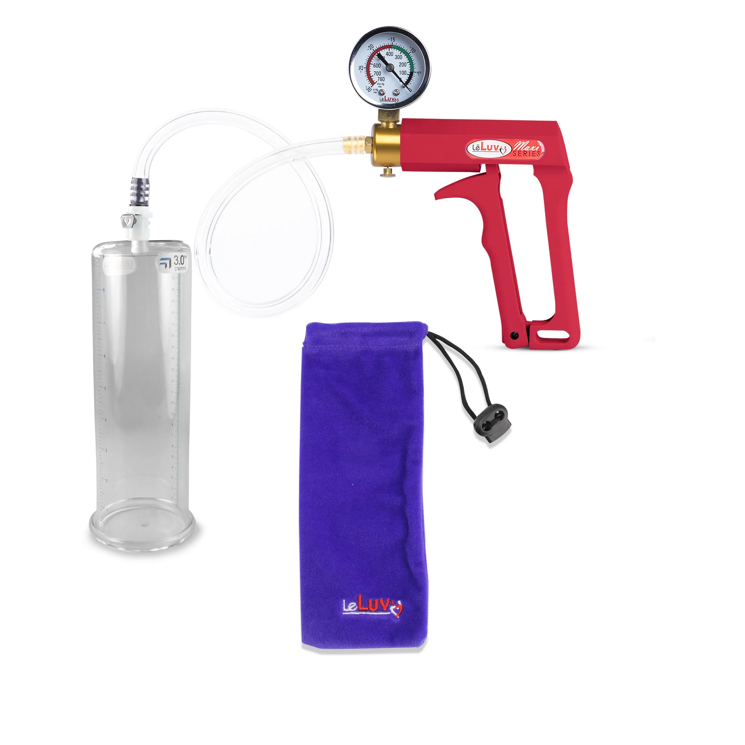 LeLuv Maxi Red Penis Pump Clear Hose | Gauge/Protected Gauge | Round Flange Cylinder