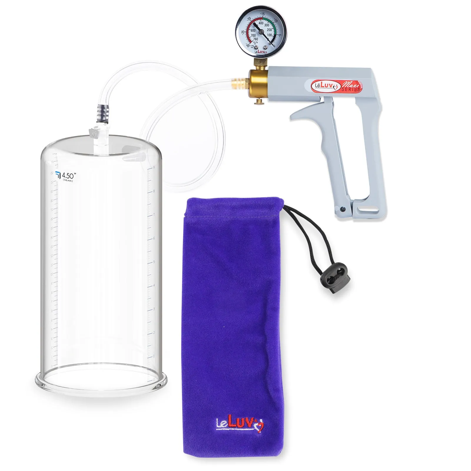LeLuv Penis Pump Maxi Gray Handle, Clear Hose | 9" or 12" Length x 1.35"-5.0" Diameters | Gauge Options