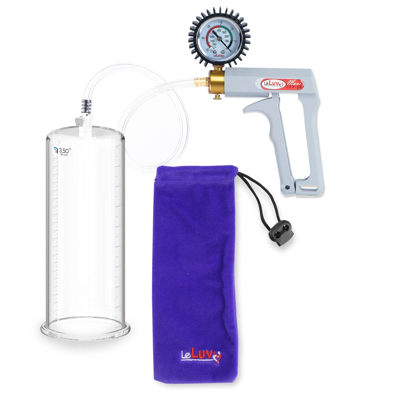 LeLuv Penis Pump Maxi Gray Handle, Clear Hose | 9" or 12" Length x 1.35"-5.0" Diameters | Gauge Options