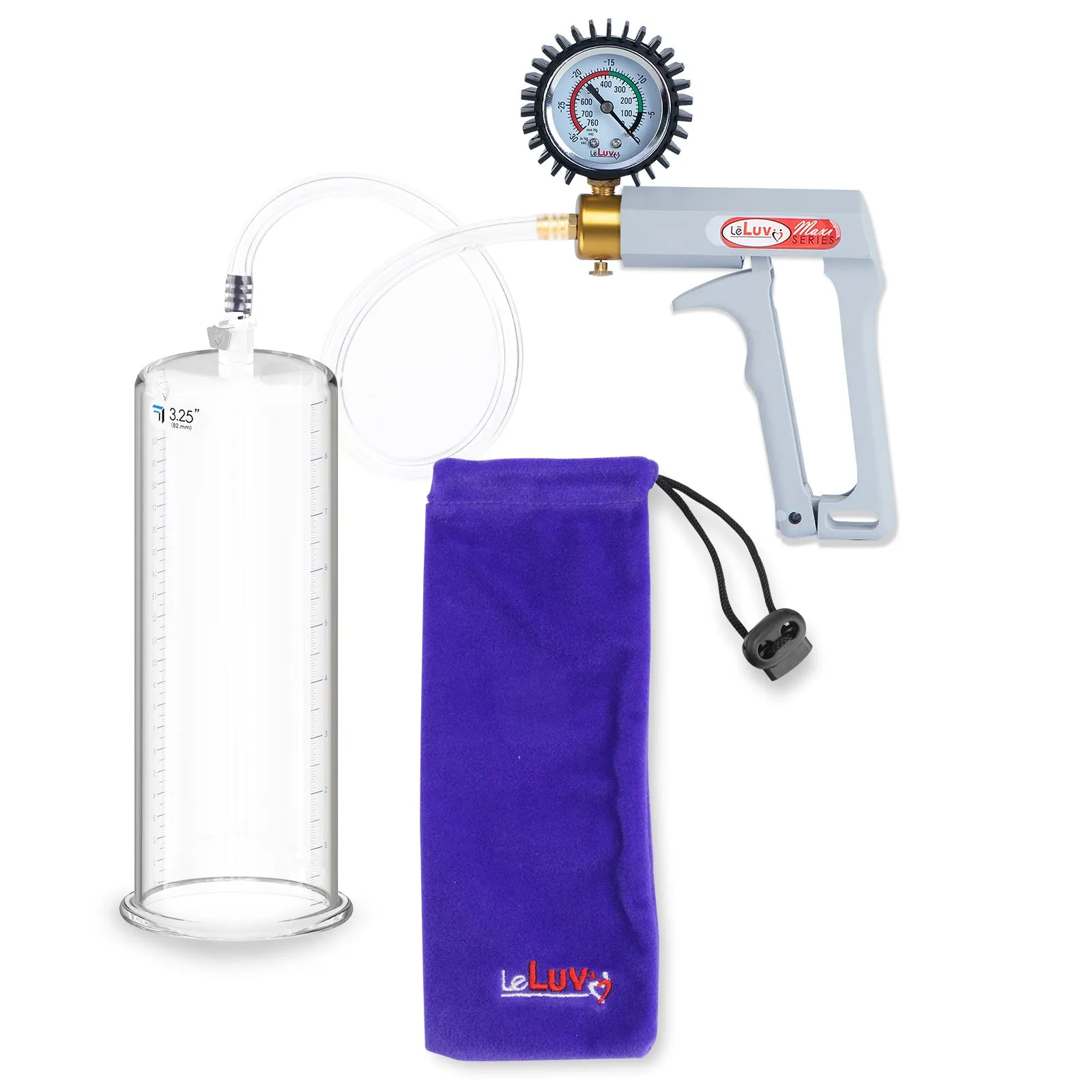 LeLuv Penis Pump Maxi Gray Handle, Clear Hose | 9" or 12" Length x 1.35"-5.0" Diameters | Gauge Options