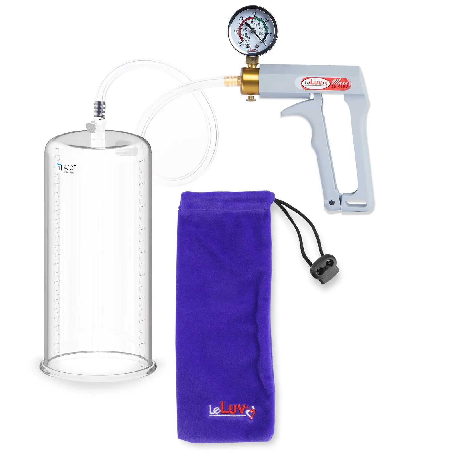 LeLuv Penis Pump Maxi Gray Handle, Clear Hose | 9" or 12" Length x 1.35"-5.0" Diameters | Gauge Options