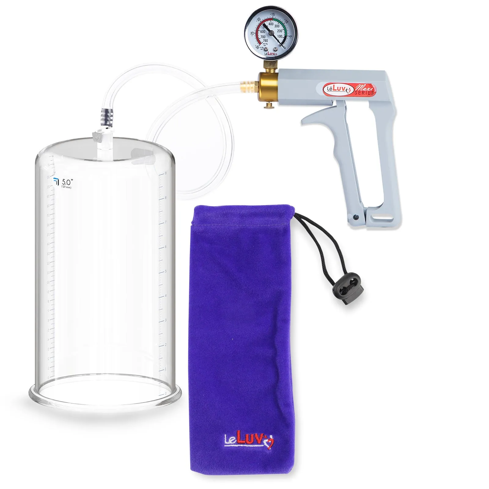 LeLuv Penis Pump Maxi Gray Handle, Clear Hose | 9" or 12" Length x 1.35"-5.0" Diameters | Gauge Options