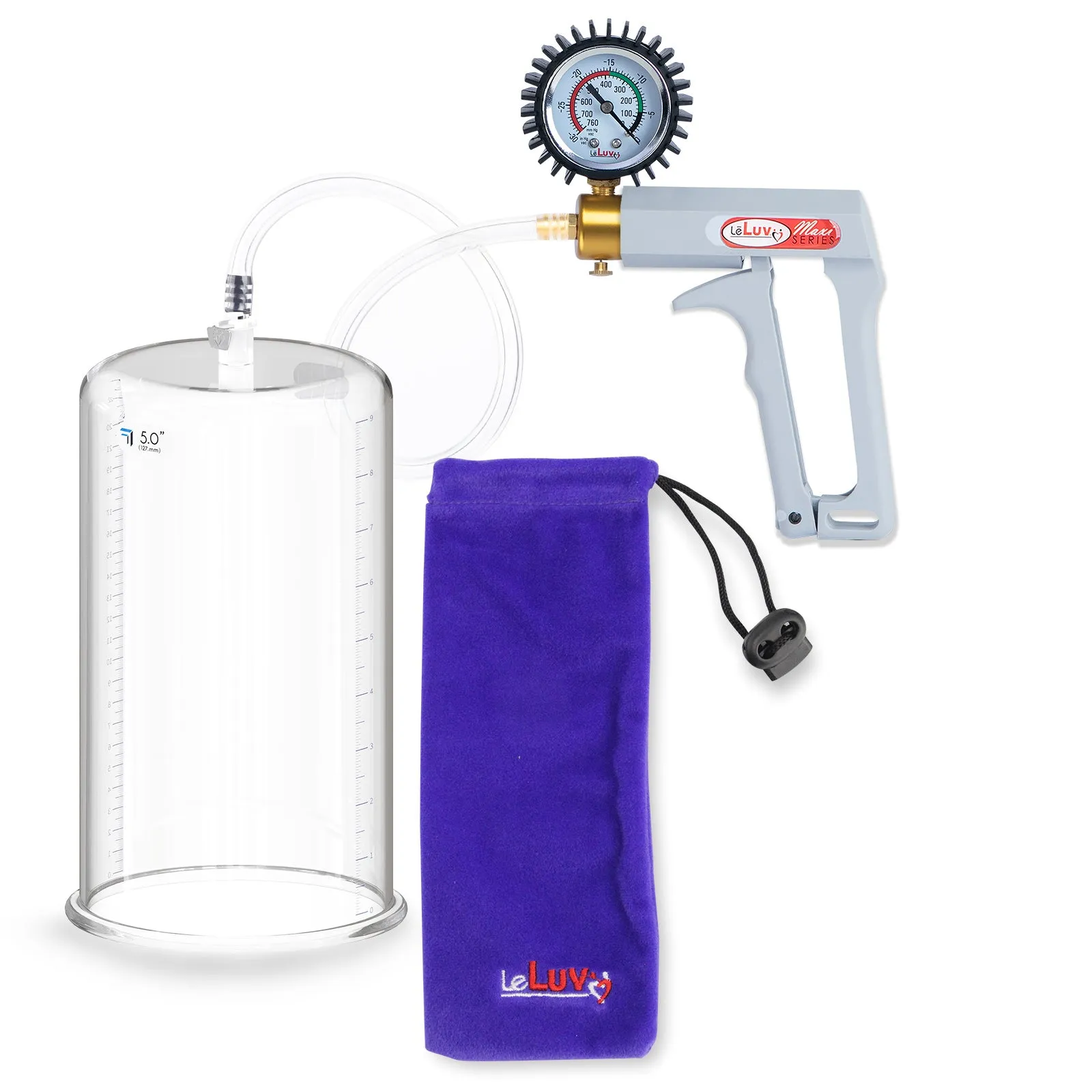 LeLuv Penis Pump Maxi Gray Handle, Clear Hose | 9" or 12" Length x 1.35"-5.0" Diameters | Gauge Options