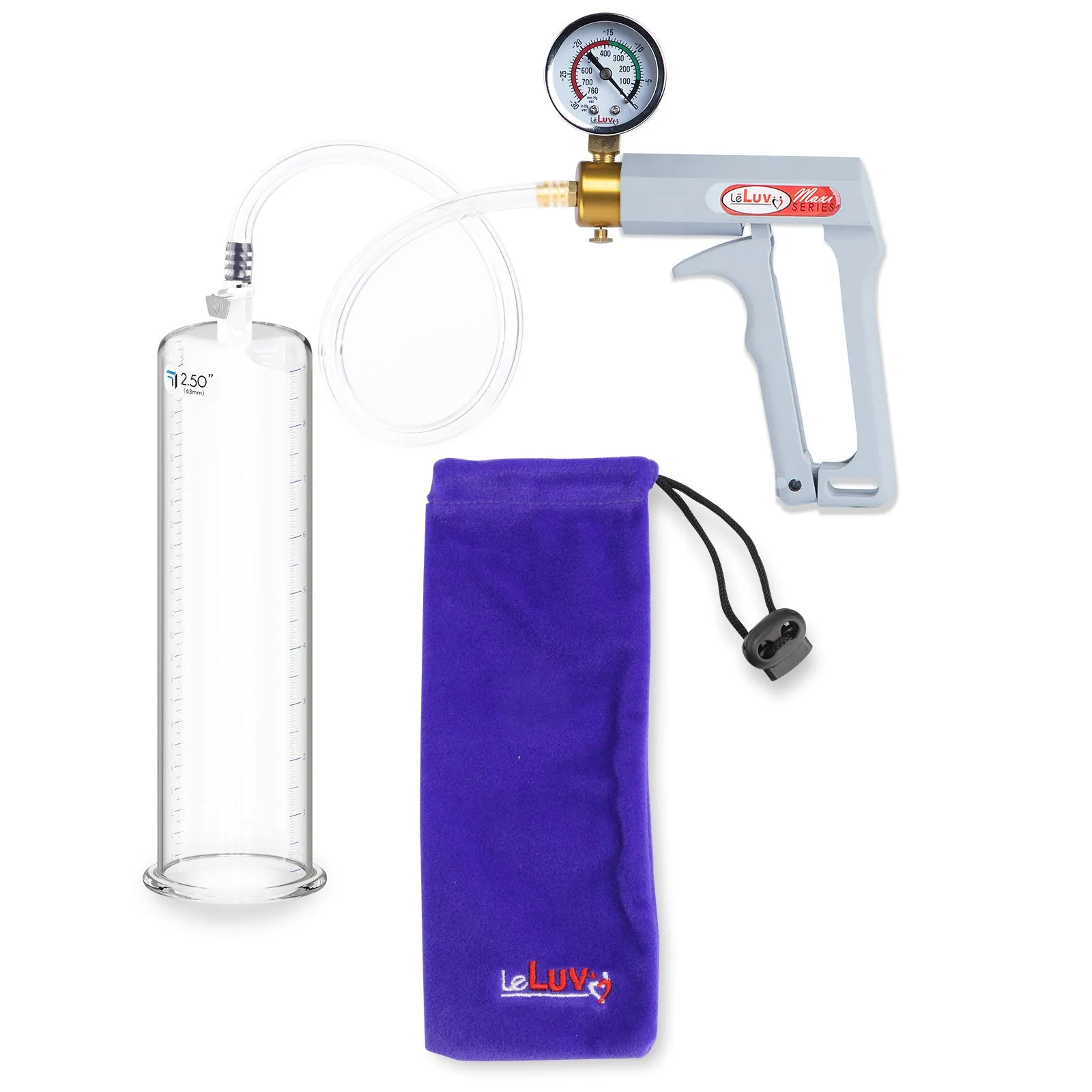 LeLuv Penis Pump Maxi Gray Handle, Clear Hose | 9" or 12" Length x 1.35"-5.0" Diameters | Gauge Options