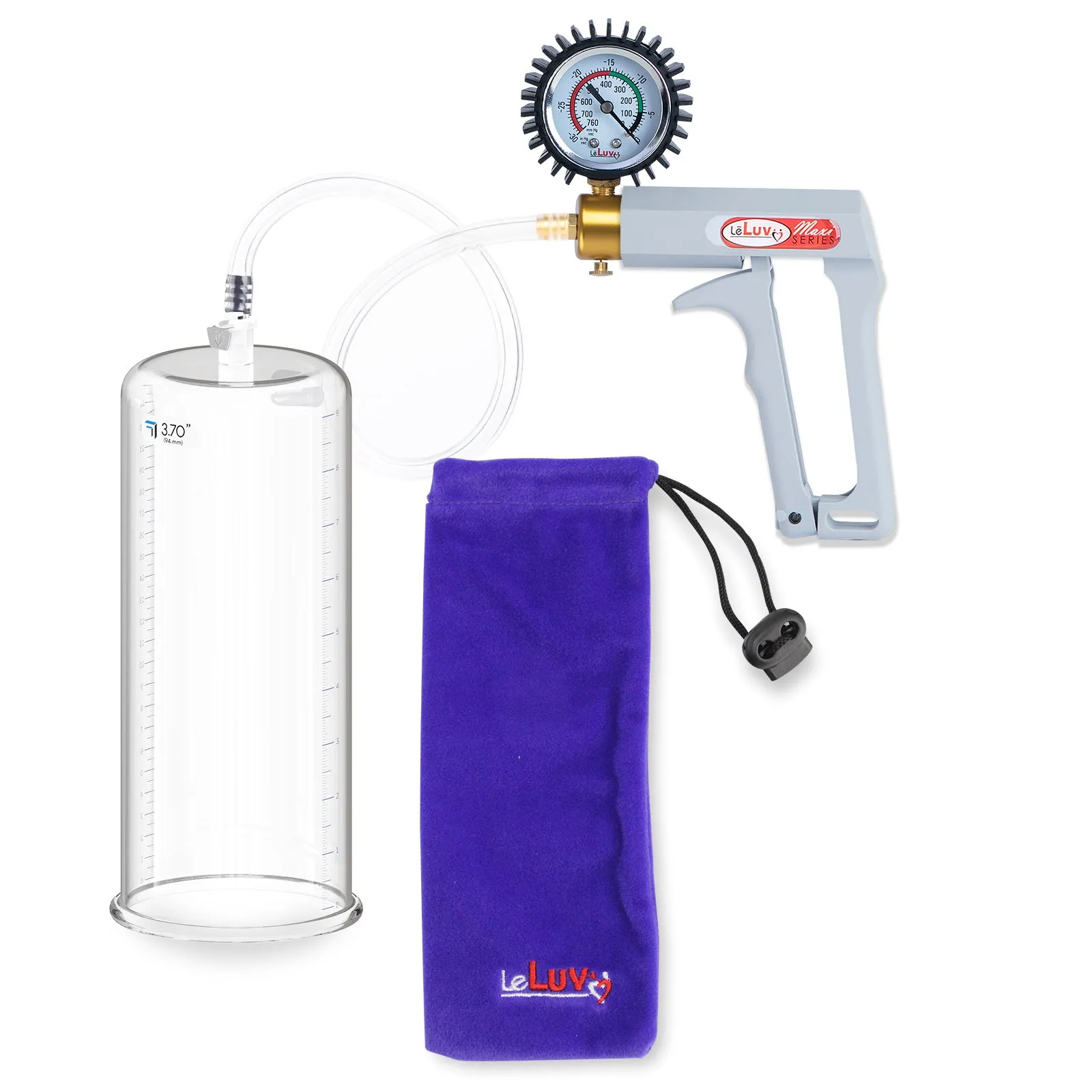 LeLuv Penis Pump Maxi Gray Handle, Clear Hose | 9" or 12" Length x 1.35"-5.0" Diameters | Gauge Options