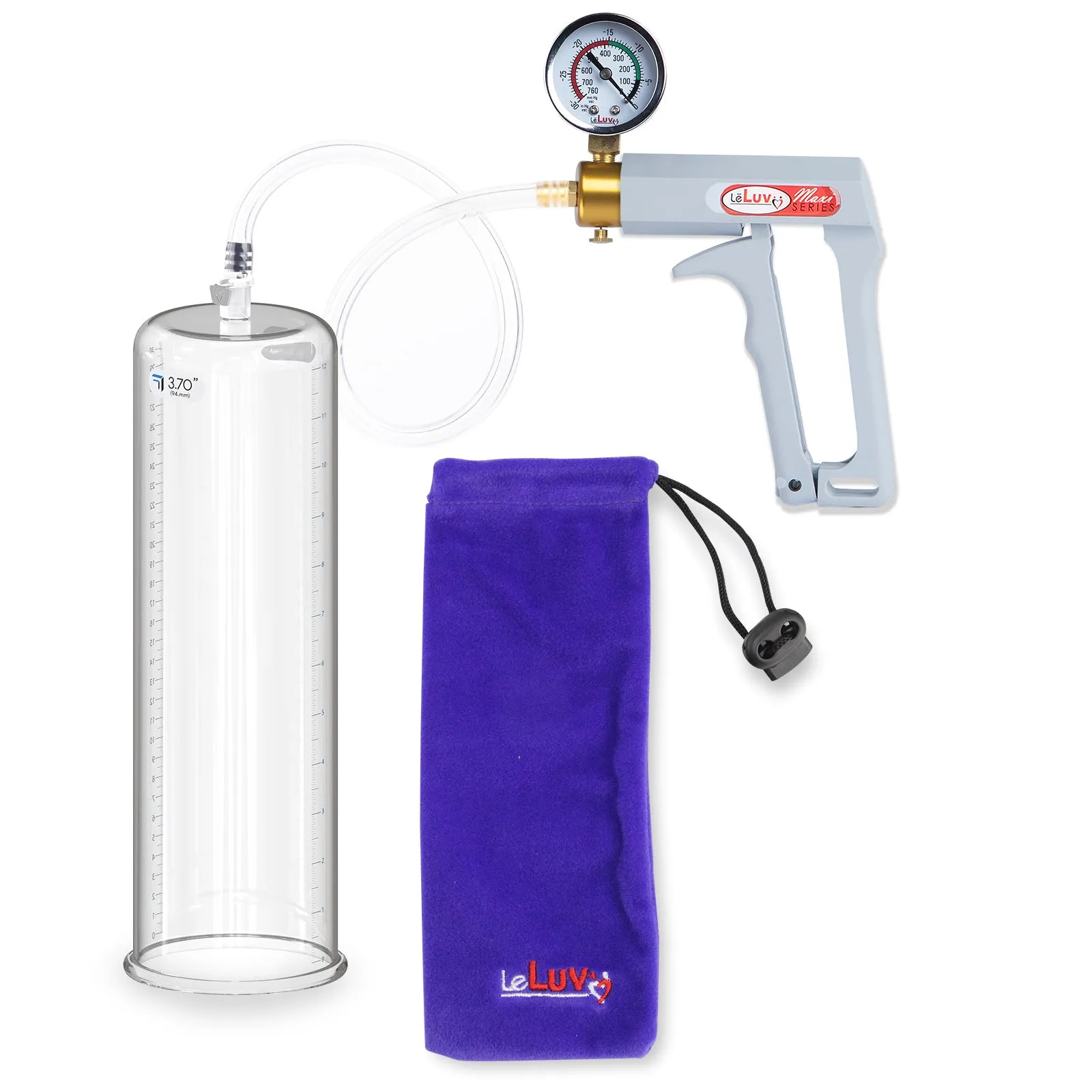LeLuv Penis Pump Maxi Gray Handle, Clear Hose | 9" or 12" Length x 1.35"-5.0" Diameters | Gauge Options