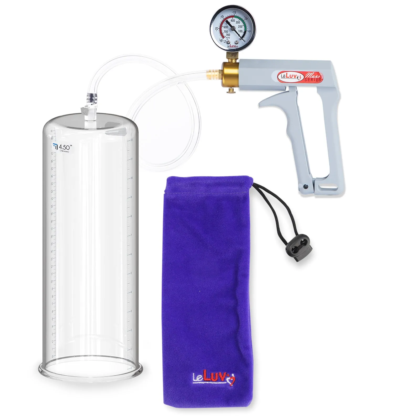 LeLuv Penis Pump Maxi Gray Handle, Clear Hose | 9" or 12" Length x 1.35"-5.0" Diameters | Gauge Options