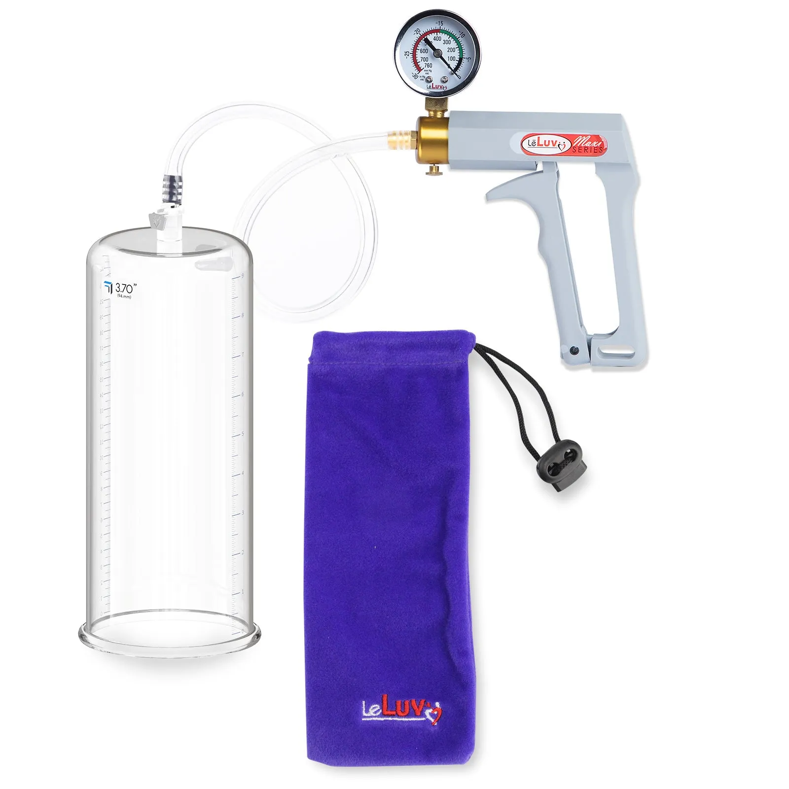 LeLuv Penis Pump Maxi Gray Handle, Clear Hose | 9" or 12" Length x 1.35"-5.0" Diameters | Gauge Options