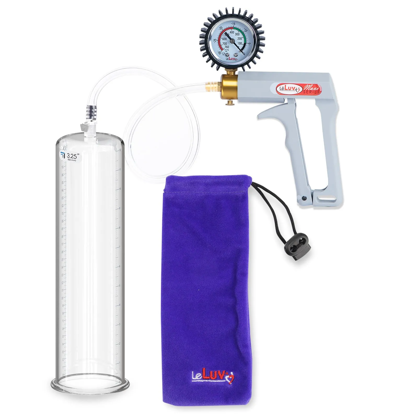 LeLuv Penis Pump Maxi Gray Handle, Clear Hose | 9" or 12" Length x 1.35"-5.0" Diameters | Gauge Options