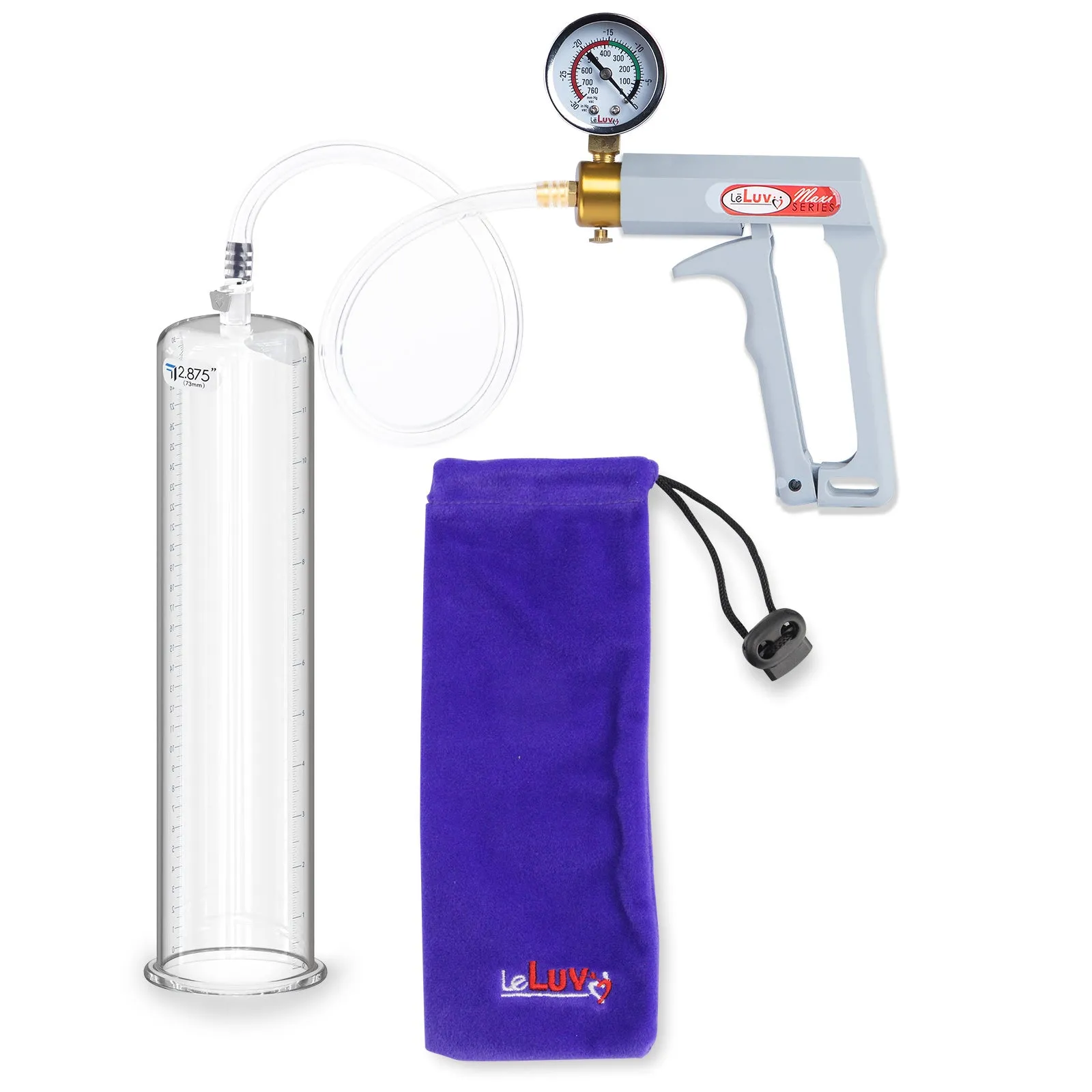 LeLuv Penis Pump Maxi Gray Handle, Clear Hose | 9" or 12" Length x 1.35"-5.0" Diameters | Gauge Options