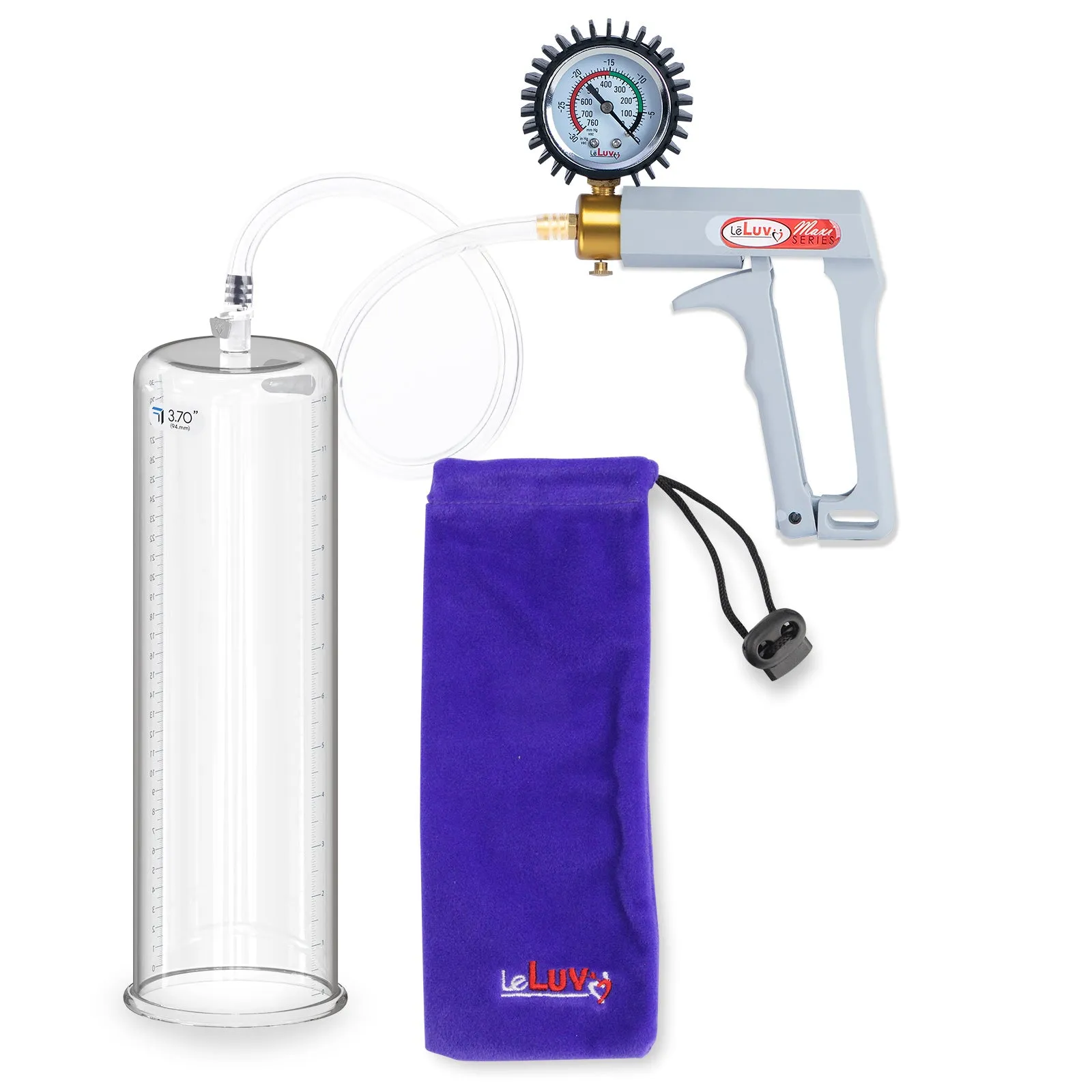 LeLuv Penis Pump Maxi Gray Handle, Clear Hose | 9" or 12" Length x 1.35"-5.0" Diameters | Gauge Options