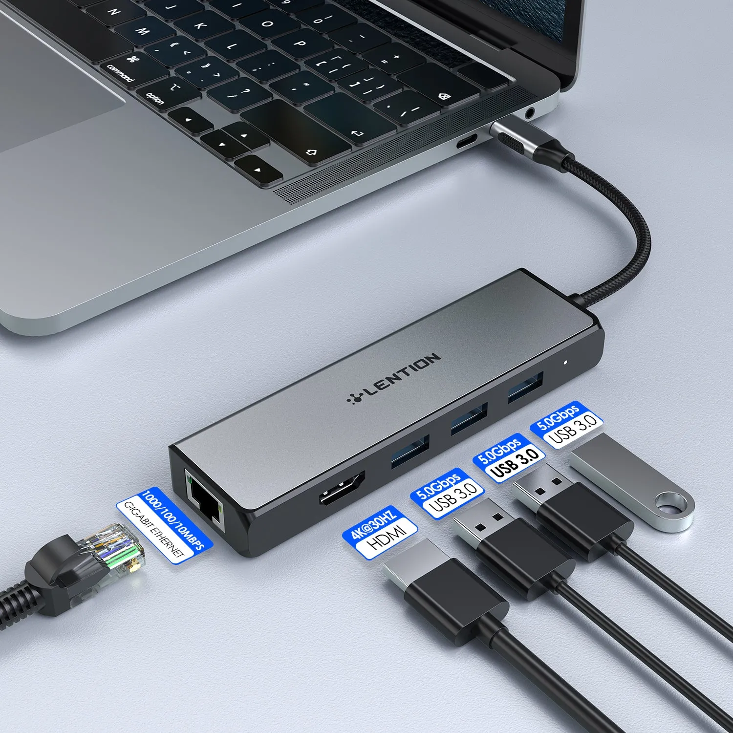 LENTION USB-C to 3 USB 3.0 Hub with 4K HDMI and Gigabit Ethernet LAN Adapter (CB-C25)