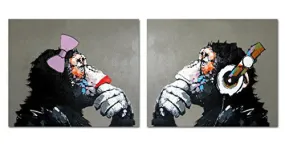 MUZAGROO ART LISTENING MUSIC GORILLAS WITH HEADPHONES OIL PAINTINGS HAND PAINTED ON CANVAS PAINTINGS FOR LIVING ROOM WALL DECOR STRETCHED READY TO HANG M