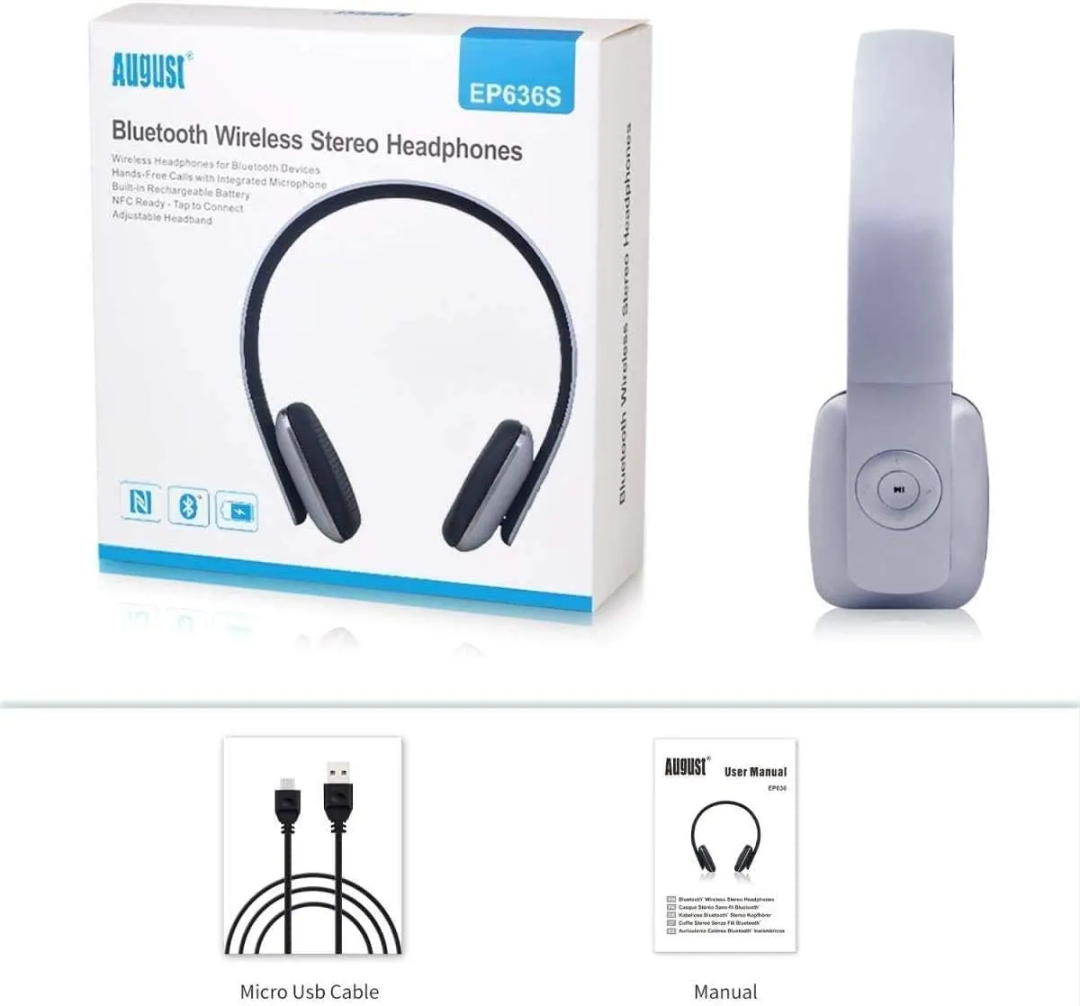 On Ear Wireless Bluetooth Headphones with Microphone -  EP636 - Bluetooth Version 4.1   EDR, Lightweight Engineering NFC One Tap to Connect for Android and Apple - Silver