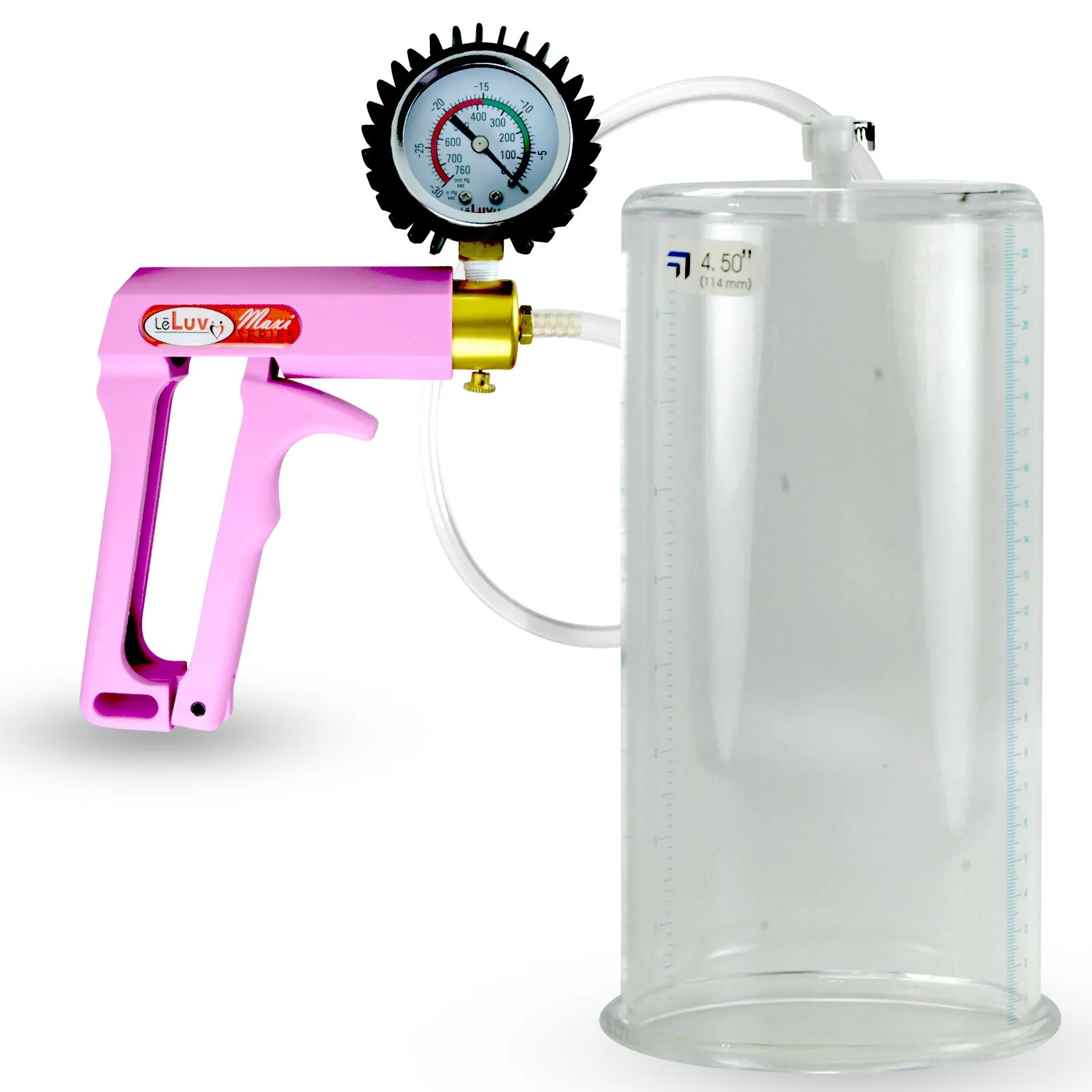 Penis Pump MAXI Pink Handle, Clear Hose | 9" or 12" Length x 1.35"-5.0" Diameters | Gauge Options