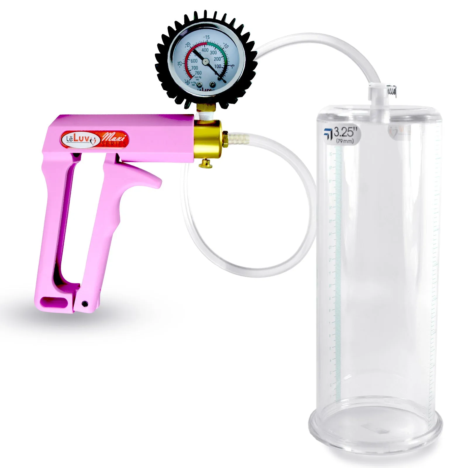 Penis Pump MAXI Pink Handle, Clear Hose | 9" or 12" Length x 1.35"-5.0" Diameters | Gauge Options