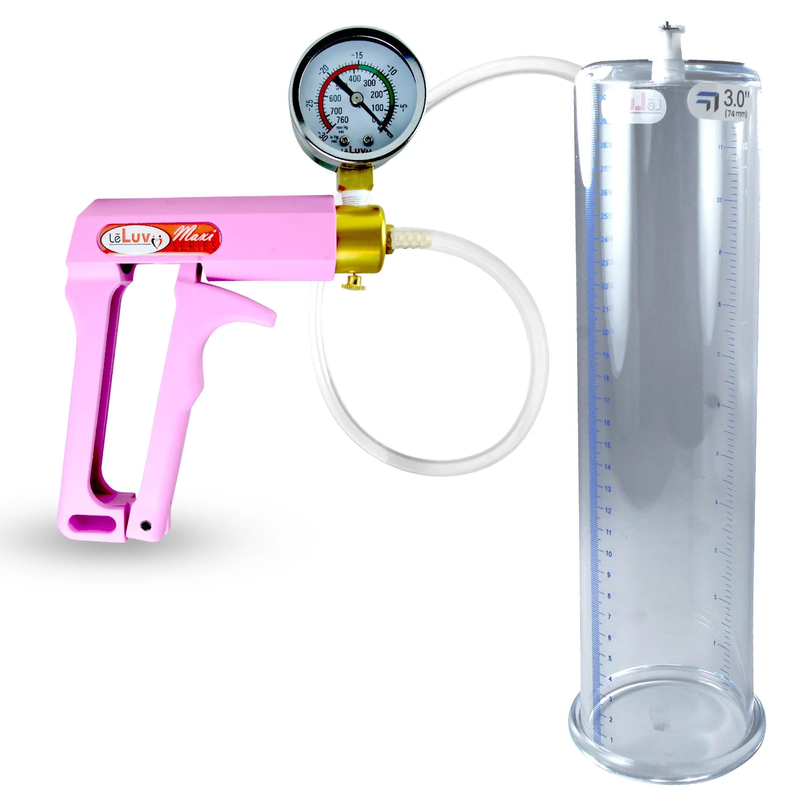 Penis Pump MAXI Pink Handle, Clear Hose | 9" or 12" Length x 1.35"-5.0" Diameters | Gauge Options