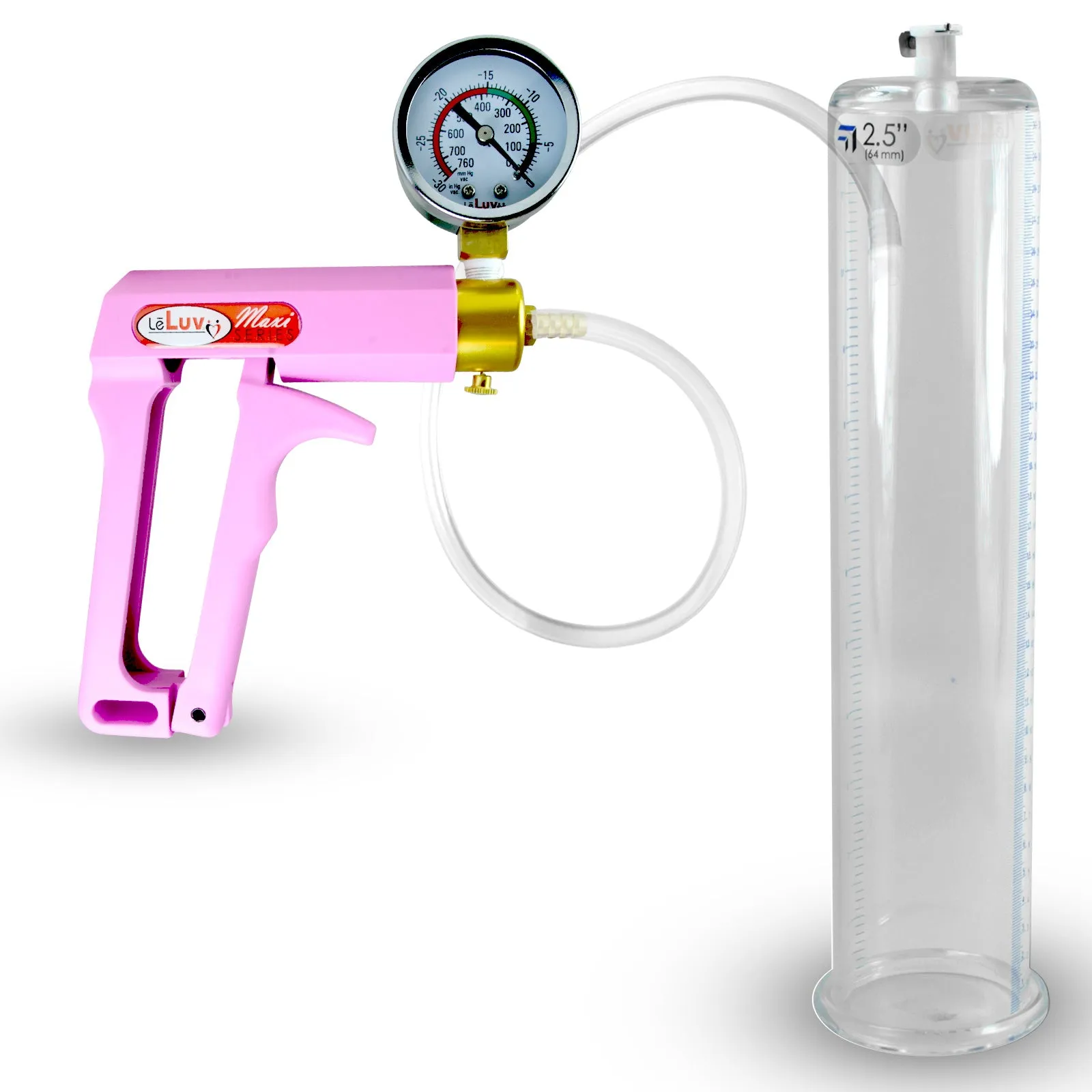 Penis Pump MAXI Pink Handle, Clear Hose | 9" or 12" Length x 1.35"-5.0" Diameters | Gauge Options
