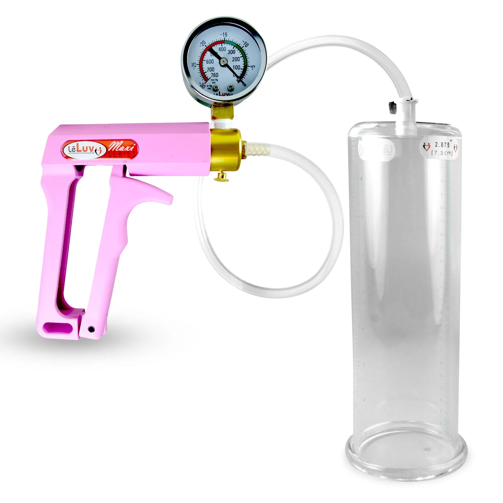 Penis Pump MAXI Pink Handle, Clear Hose | 9" or 12" Length x 1.35"-5.0" Diameters | Gauge Options