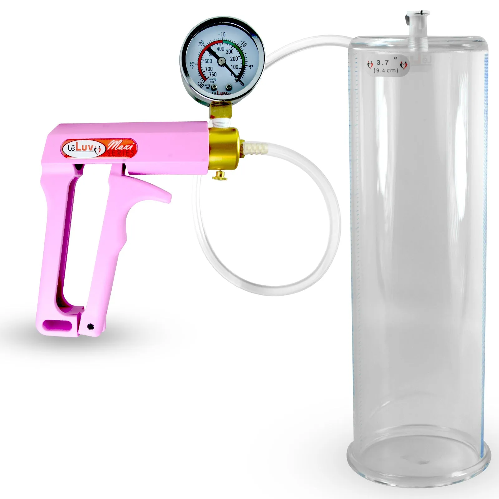 Penis Pump MAXI Pink Handle, Clear Hose | 9" or 12" Length x 1.35"-5.0" Diameters | Gauge Options
