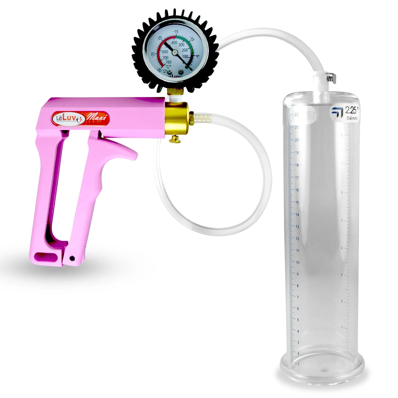 Penis Pump MAXI Pink Handle, Clear Hose | 9" or 12" Length x 1.35"-5.0" Diameters | Gauge Options