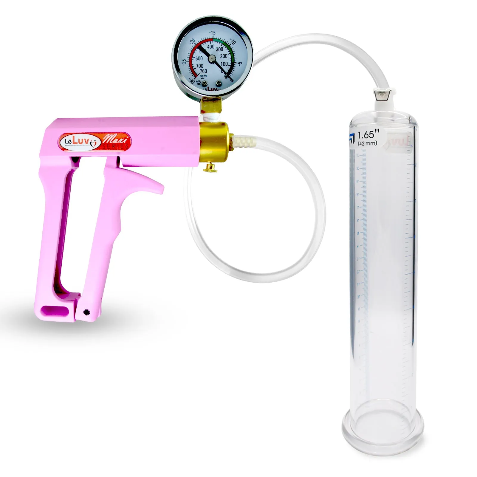 Penis Pump MAXI Pink Handle, Clear Hose | 9" or 12" Length x 1.35"-5.0" Diameters | Gauge Options