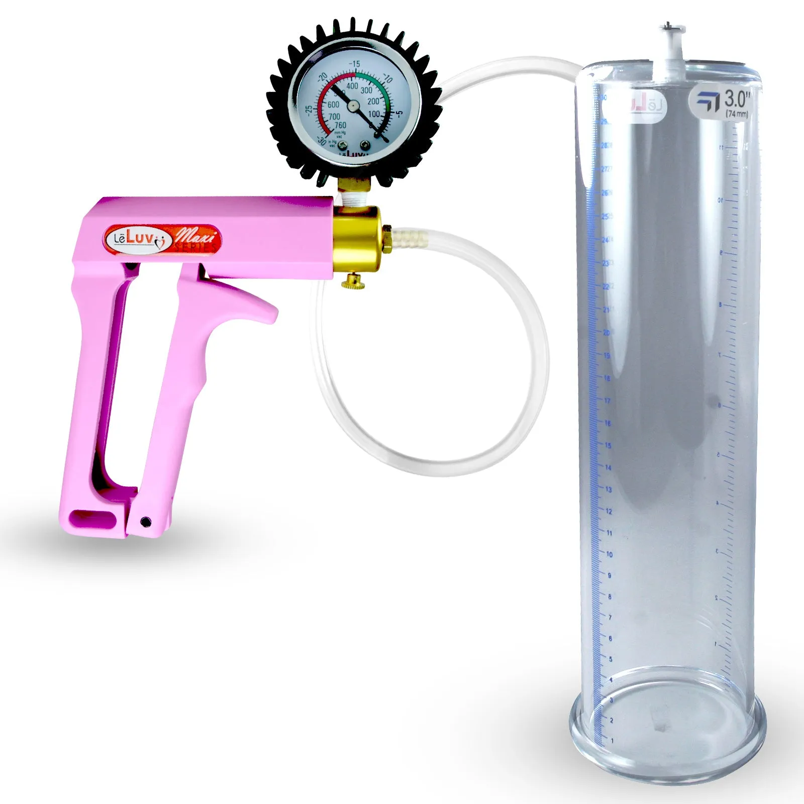 Penis Pump MAXI Pink Handle, Clear Hose | 9" or 12" Length x 1.35"-5.0" Diameters | Gauge Options
