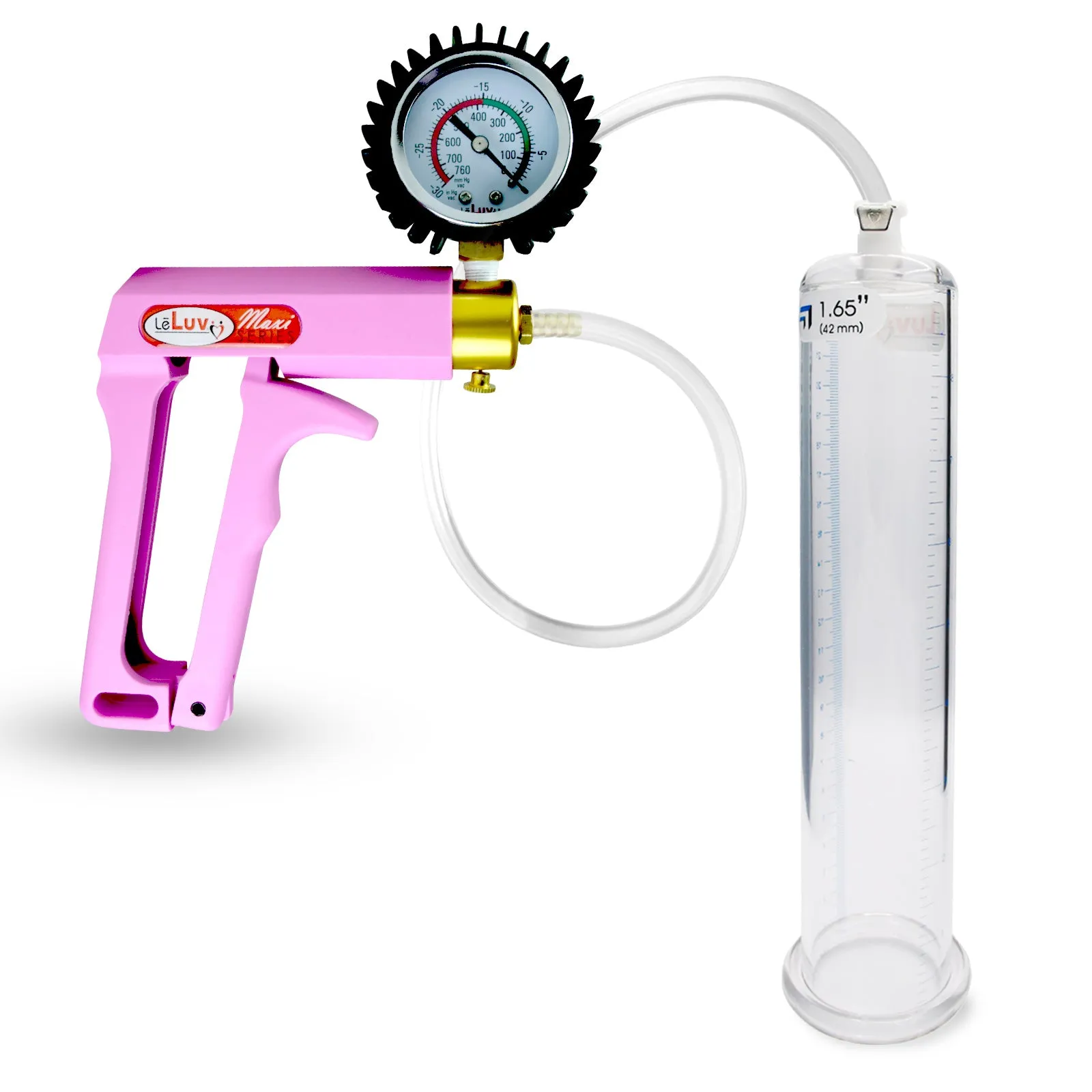 Penis Pump MAXI Pink Handle, Clear Hose | 9" or 12" Length x 1.35"-5.0" Diameters | Gauge Options