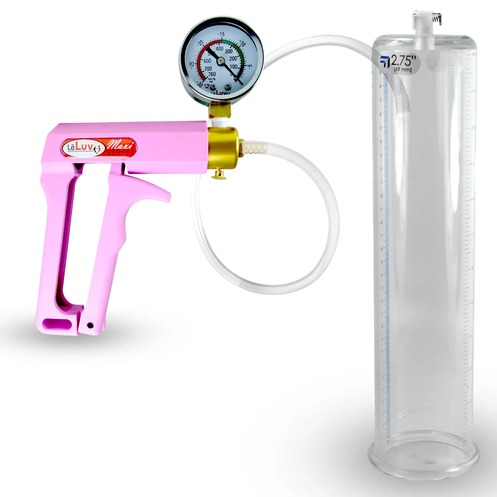 Penis Pump MAXI Pink Handle, Clear Hose | 9" or 12" Length x 1.35"-5.0" Diameters | Gauge Options