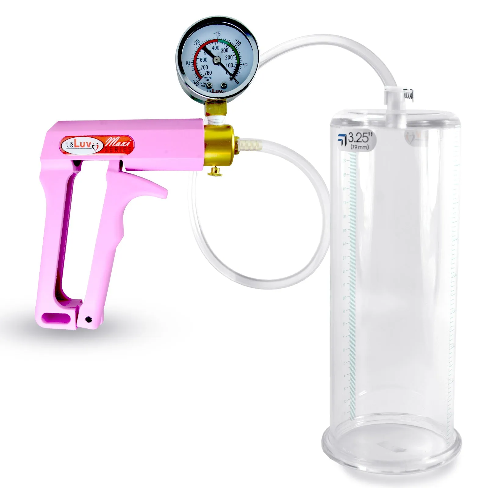 Penis Pump MAXI Pink Handle, Clear Hose | 9" or 12" Length x 1.35"-5.0" Diameters | Gauge Options