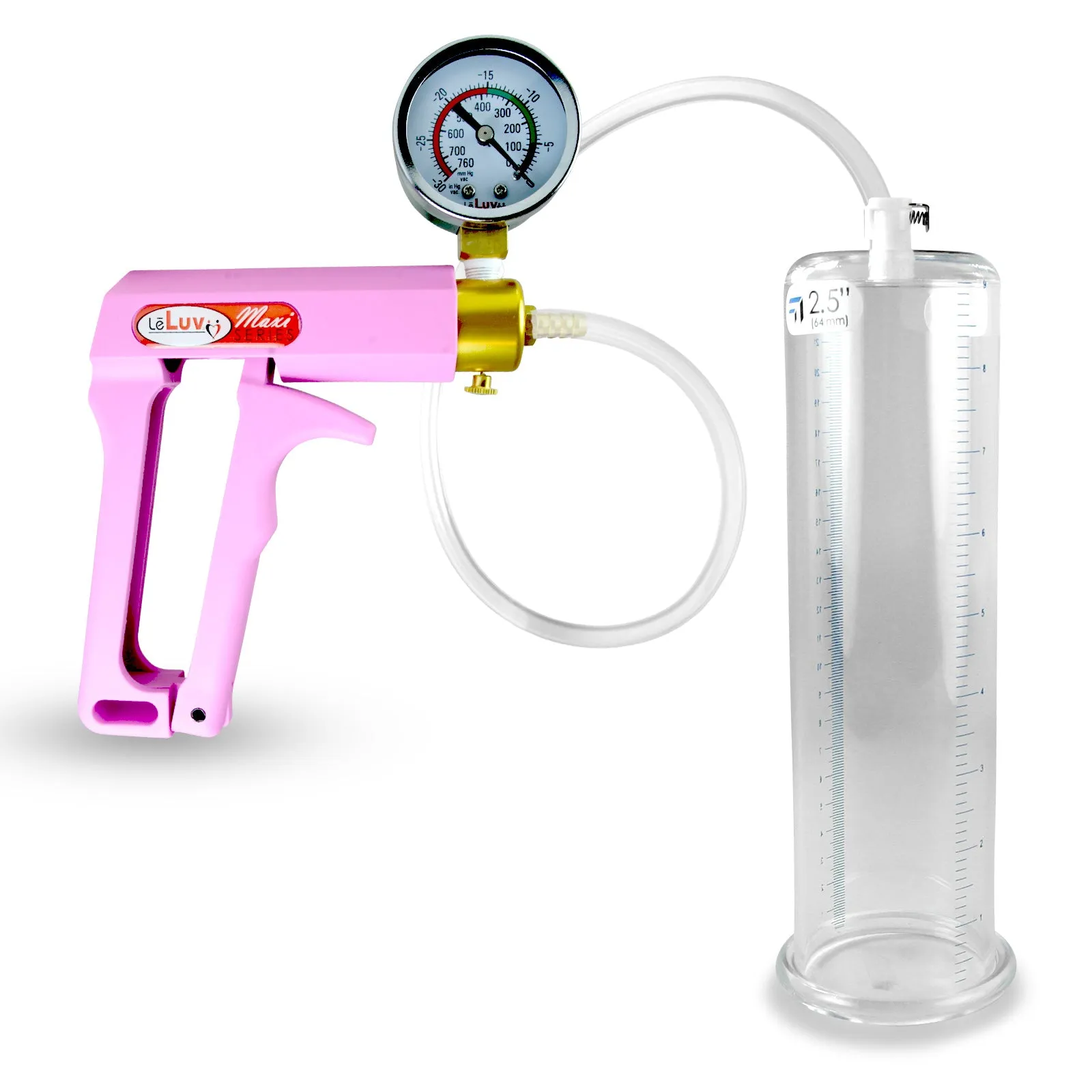 Penis Pump MAXI Pink Handle, Clear Hose | 9" or 12" Length x 1.35"-5.0" Diameters | Gauge Options