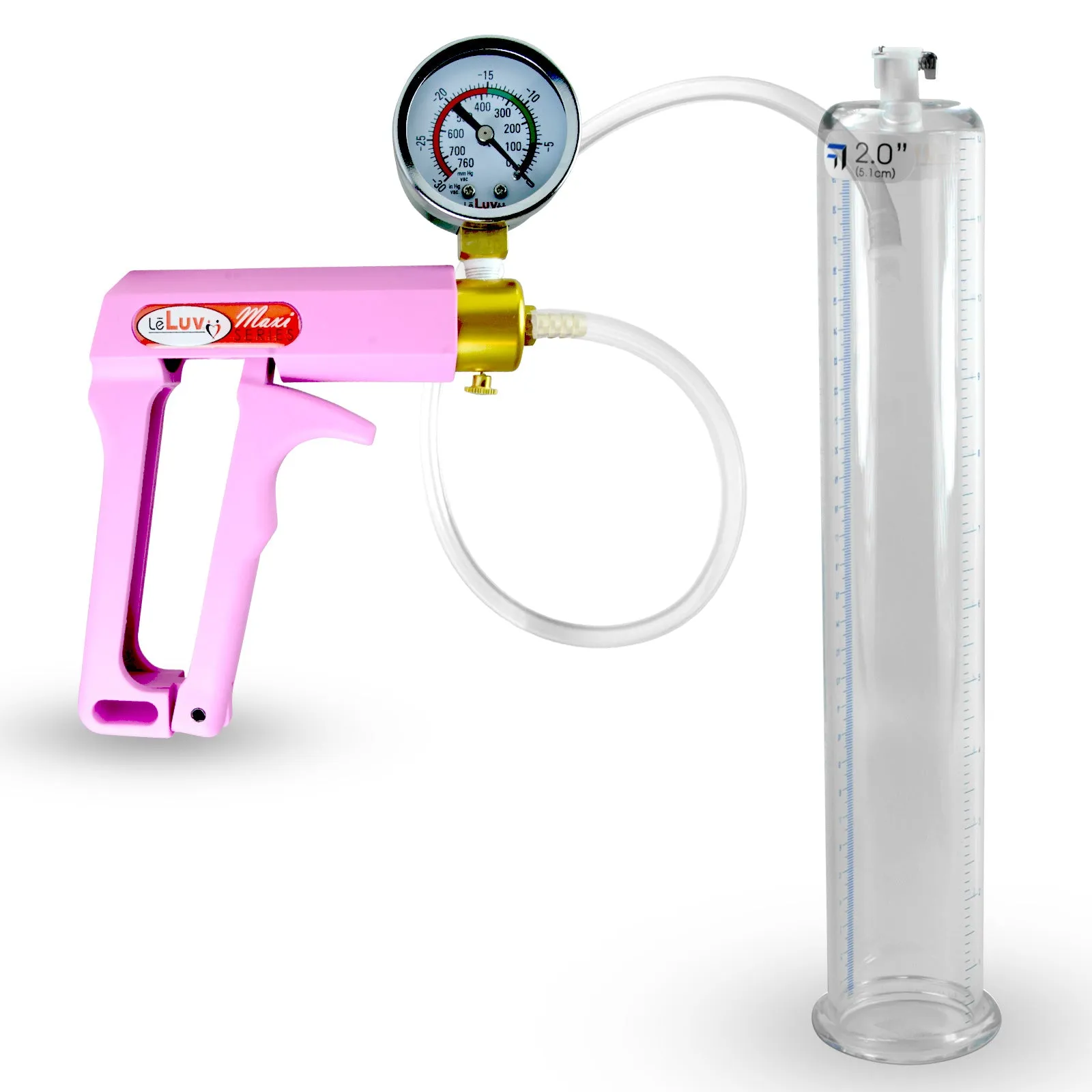 Penis Pump MAXI Pink Handle, Clear Hose | 9" or 12" Length x 1.35"-5.0" Diameters | Gauge Options