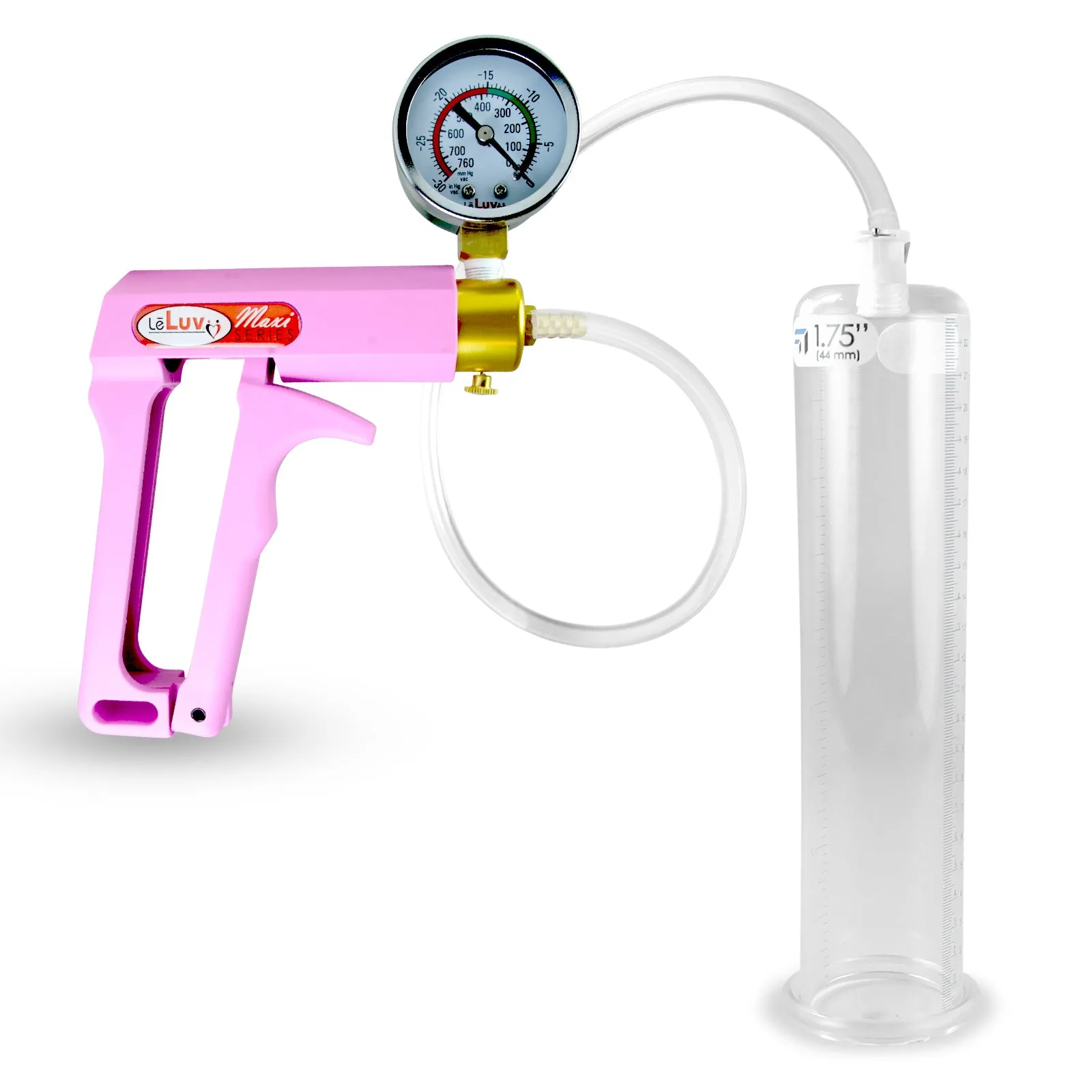 Penis Pump MAXI Pink Handle, Clear Hose | 9" or 12" Length x 1.35"-5.0" Diameters | Gauge Options