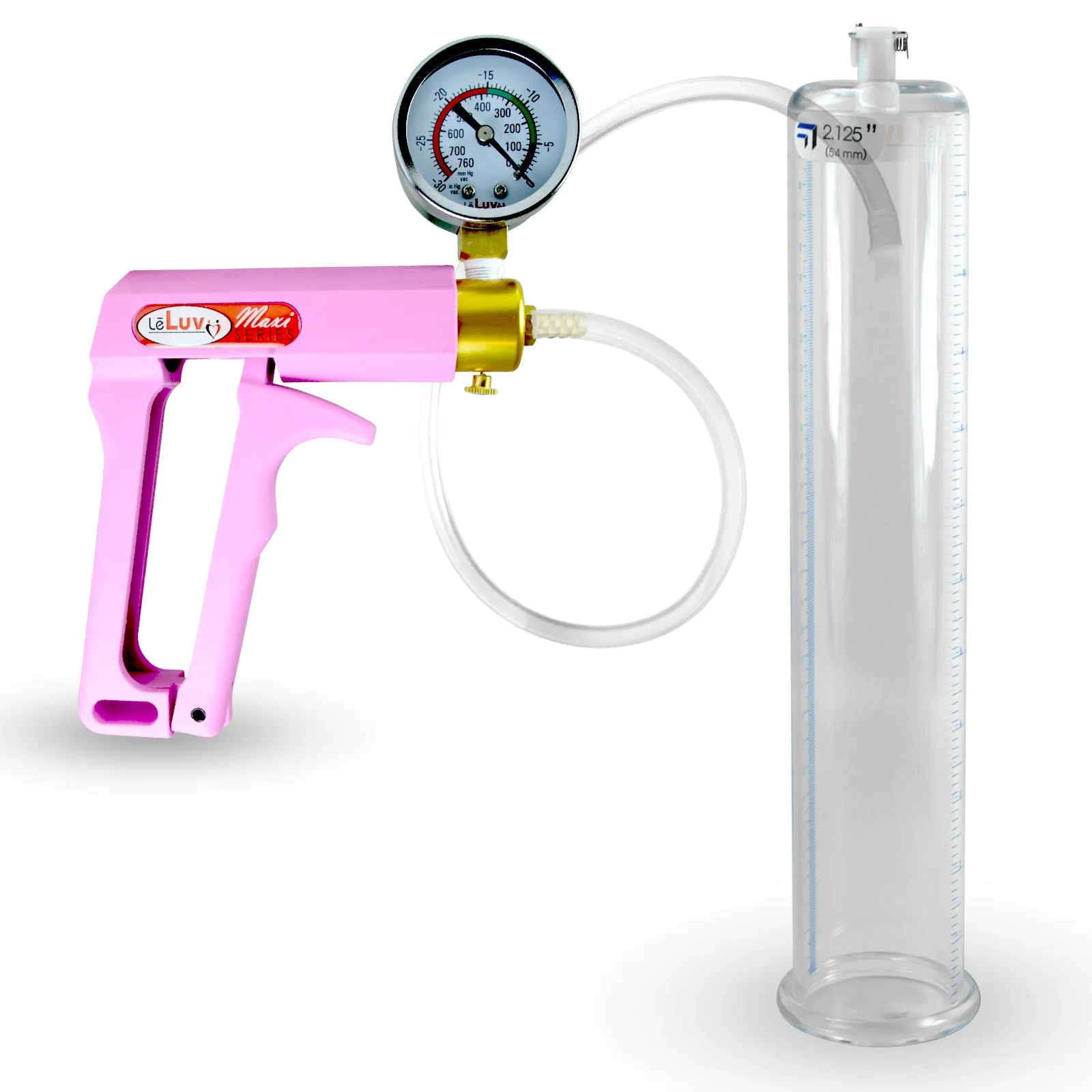 Penis Pump MAXI Pink Handle, Clear Hose | 9" or 12" Length x 1.35"-5.0" Diameters | Gauge Options