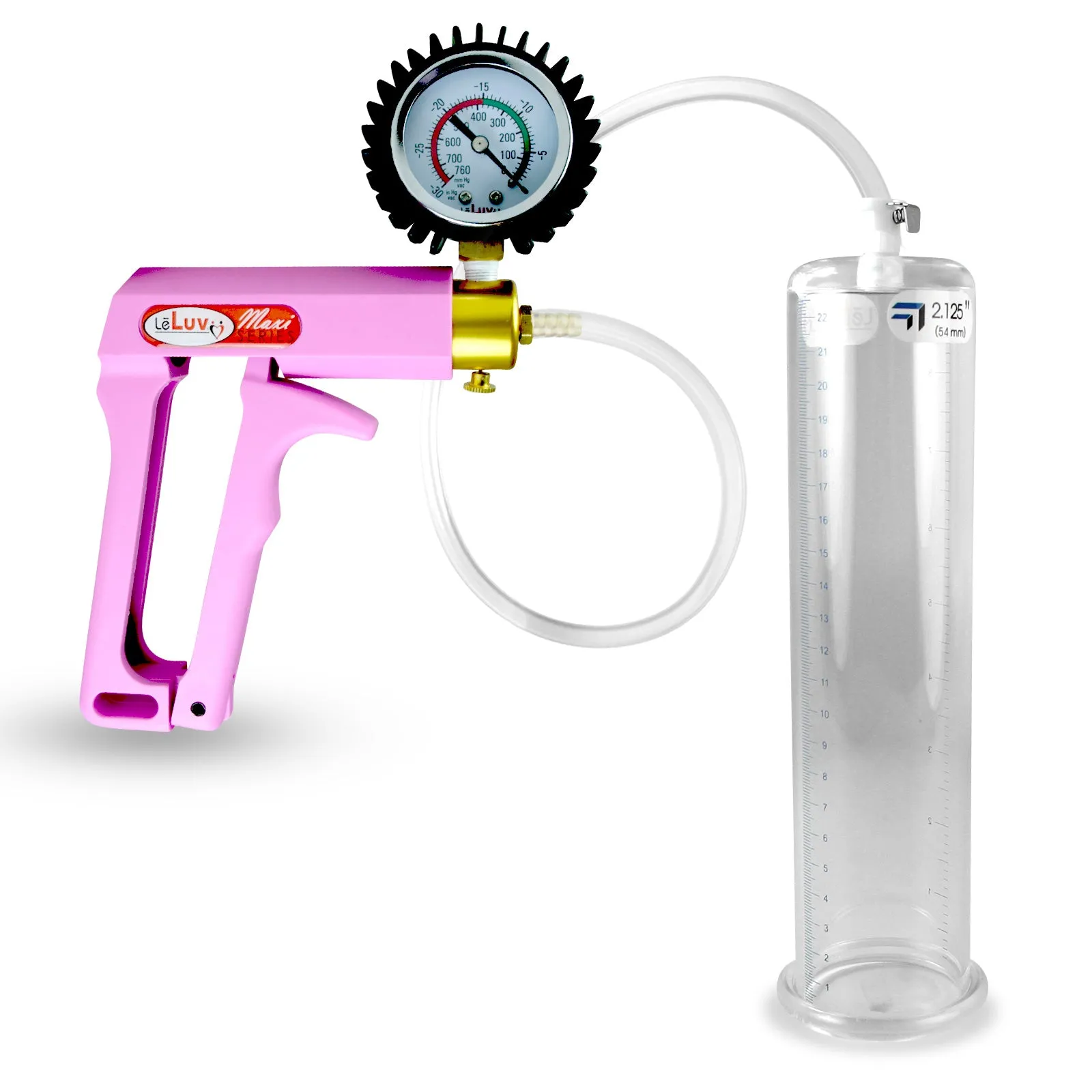 Penis Pump MAXI Pink Handle, Clear Hose | 9" or 12" Length x 1.35"-5.0" Diameters | Gauge Options