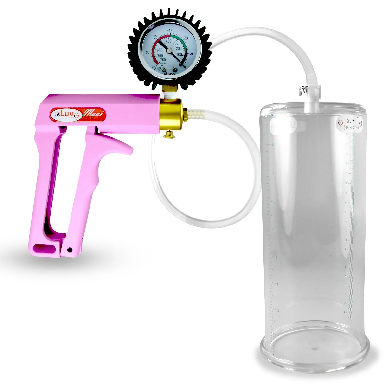 Penis Pump MAXI Pink Handle, Clear Hose | 9" or 12" Length x 1.35"-5.0" Diameters | Gauge Options