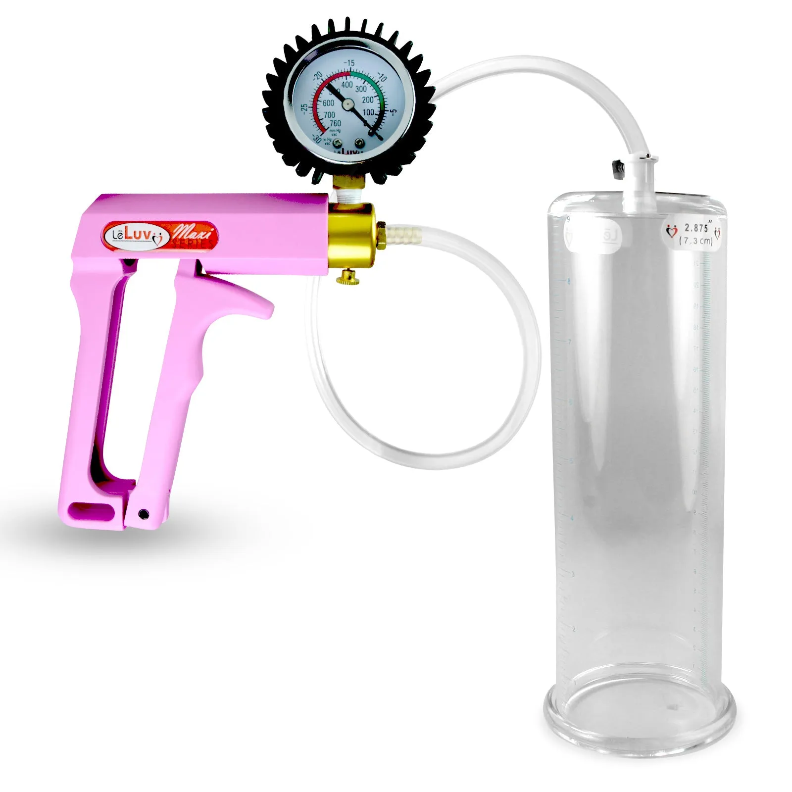 Penis Pump MAXI Pink Handle, Clear Hose | 9" or 12" Length x 1.35"-5.0" Diameters | Gauge Options